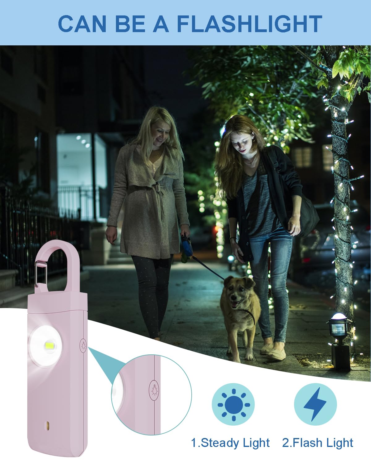 Alarma de seguridad personal recargable para mujeres, sonido de sirena fuerte, luz LED SOS estroboscópica, carga USB, alarma personal, llavero de autodefensa para esposa, hija, estudiante