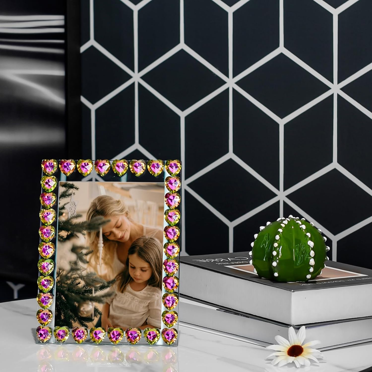 Bling Picture Frame 5x7, Crystal Tabletop Photo Frame with Sparkle Love Rhinestones, Glitter Shiny for Home Bedroom Living Room Hallway Entryway (Red)