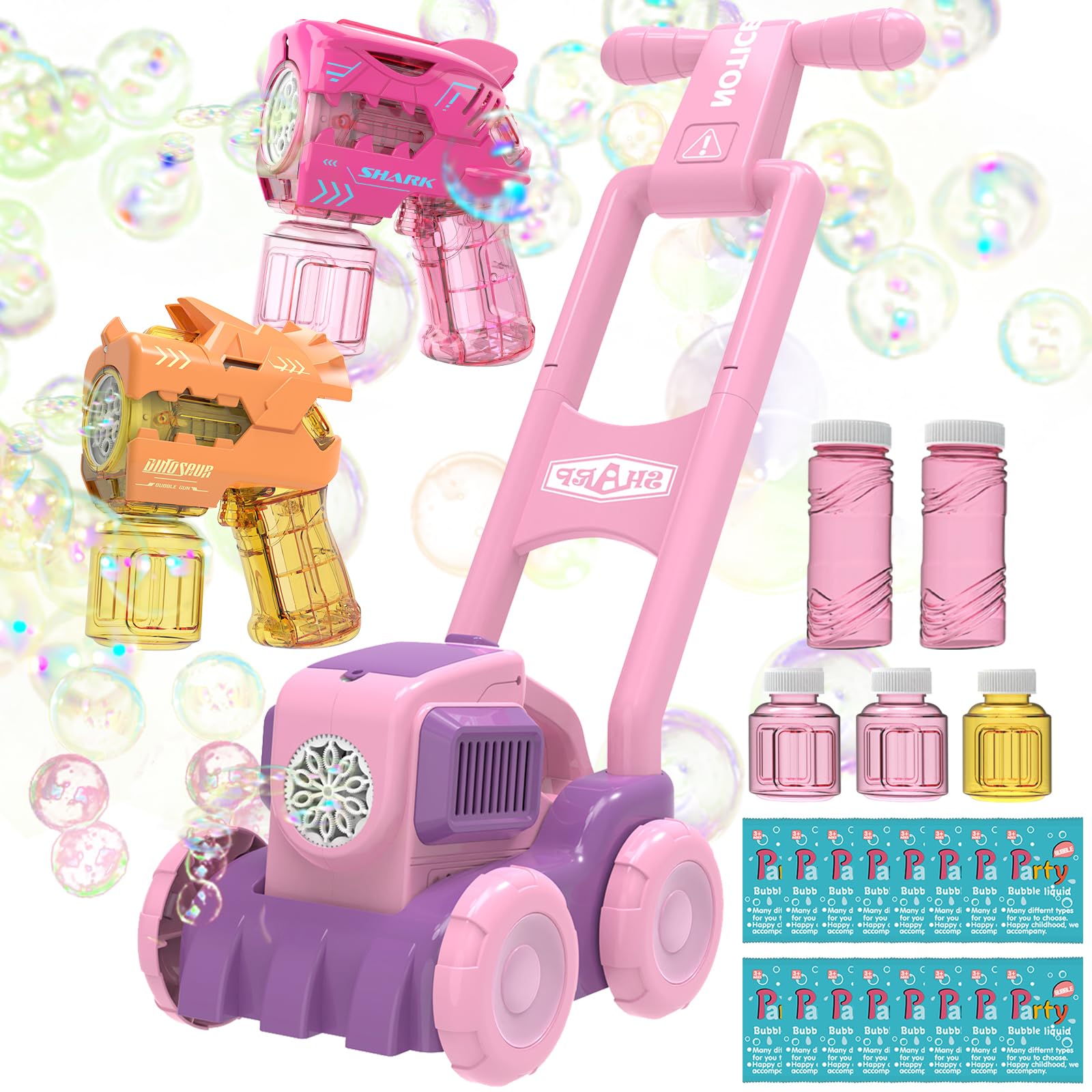 3 Set Bubble Lawn Mower + 2 Bubble Gun Double Fun Bubble Machine Endless Bubbles Outdoor Push Backyard Gardening Toys for Kids Party Favors Toys with Luxury Bubble Refill Set (Pink)
