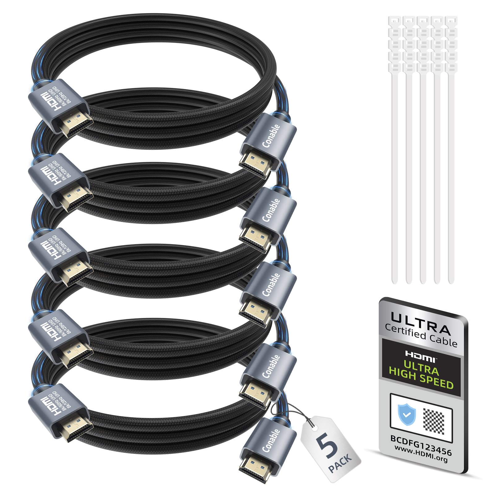 Cable HDMI 2.1 8K de 6 pies (paquete de 5), cable HDMI de ultra alta velocidad certificado de 48 Gbps, 10K 8K a 60Hz, 4K a 120Hz, HDCP 2.2 y 2.3, eARC HDR 10 Dolby DTS:X, compatible con PS5/Blu-ray