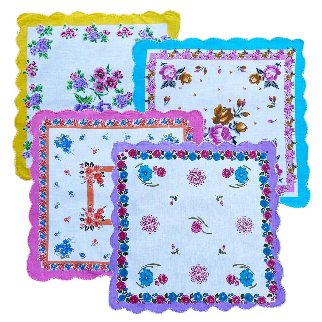 Premium Ladies Cotton Handkerchiefs – Soft Floral Print Hankies with Scallop Border (31cm x 31cm) – (Purple, Pink, Yellow, Blue)-image-30