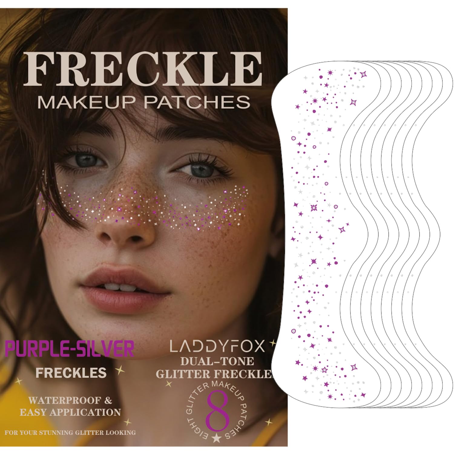 8 Pcs Purple and Silver Face Makeup Patches, Purple and Silver Glitter Freckles Face Tattoo, Sparkle Makeup Patches, Waterproof Face Temporary Tattoos