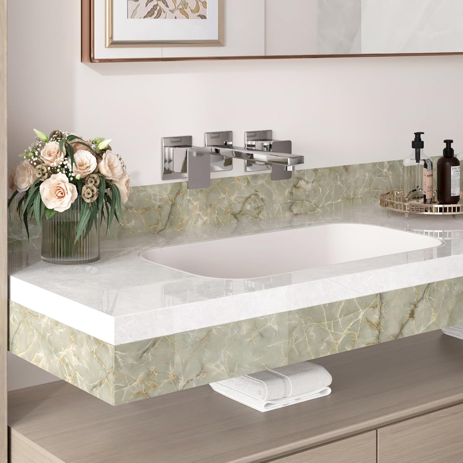 Wallercity Green Marble Wallpaper Borders 3.94''x394'' Marble Cyan Wall Border Stickers for Bedroom Kitchen Wall Decor Waterproof Self Adhesive Borders Contact Paper for Bathroom Mirror Frame Floor