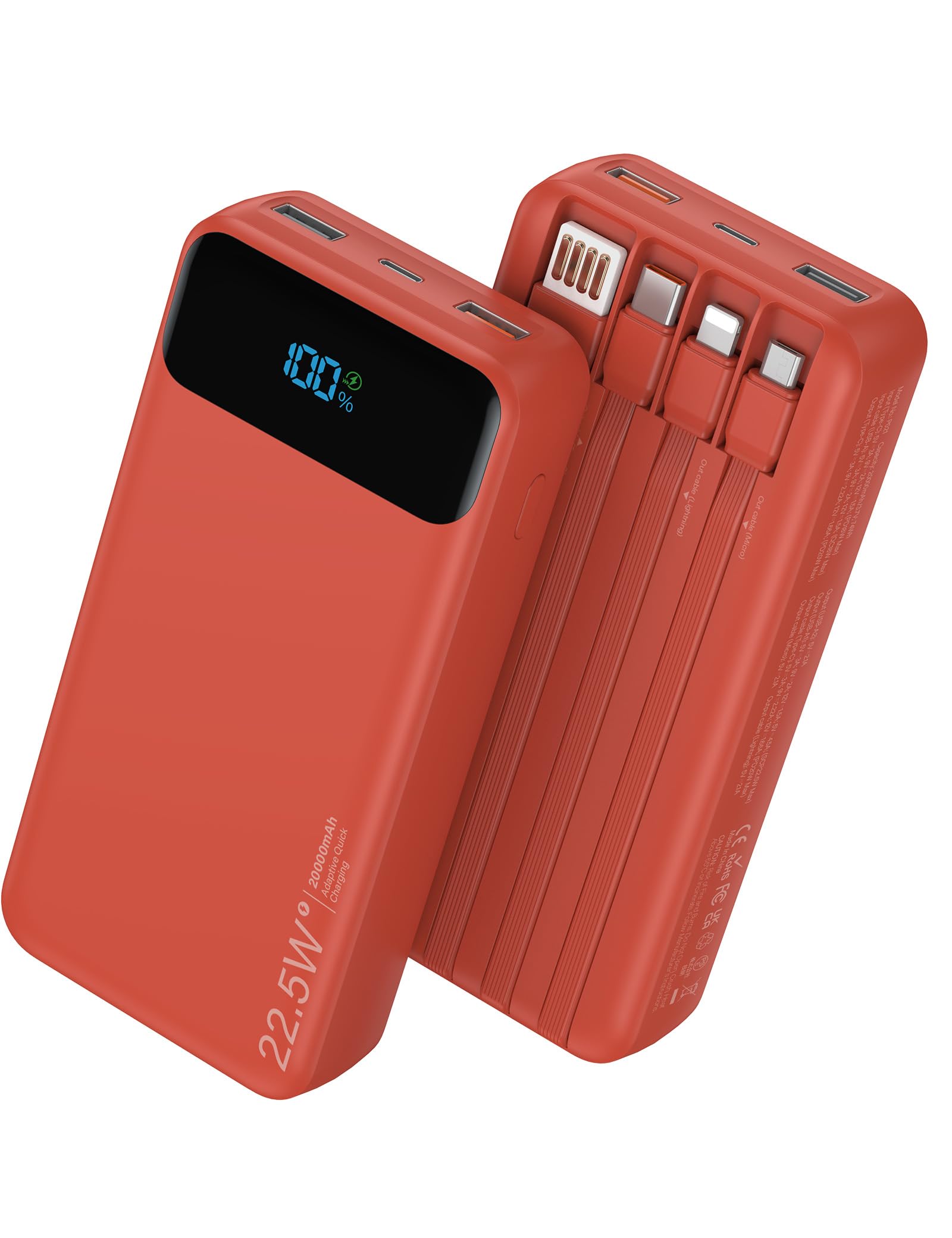 Nusyddy Portable Charger 20000mAh 22.5W w/4 Built-in Cables/6 Outputs Red