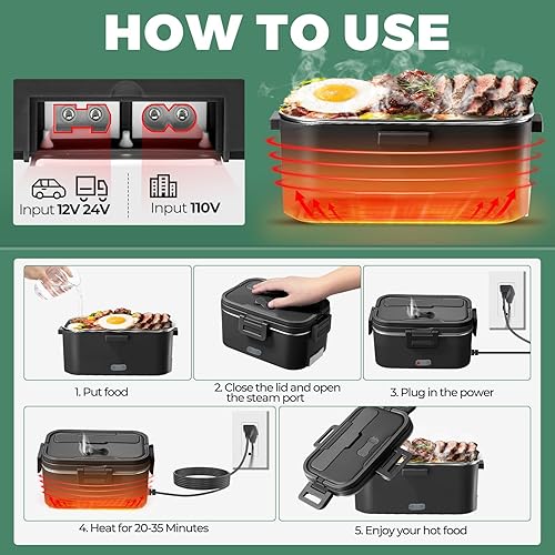 Miniatura 5 de Fiambrera eléctrica para adultos, 80 W, portátil, calentada, para hombres, calentador de alimentos portátil 2 en 1, 12 V/24 V/110 V con recipiente