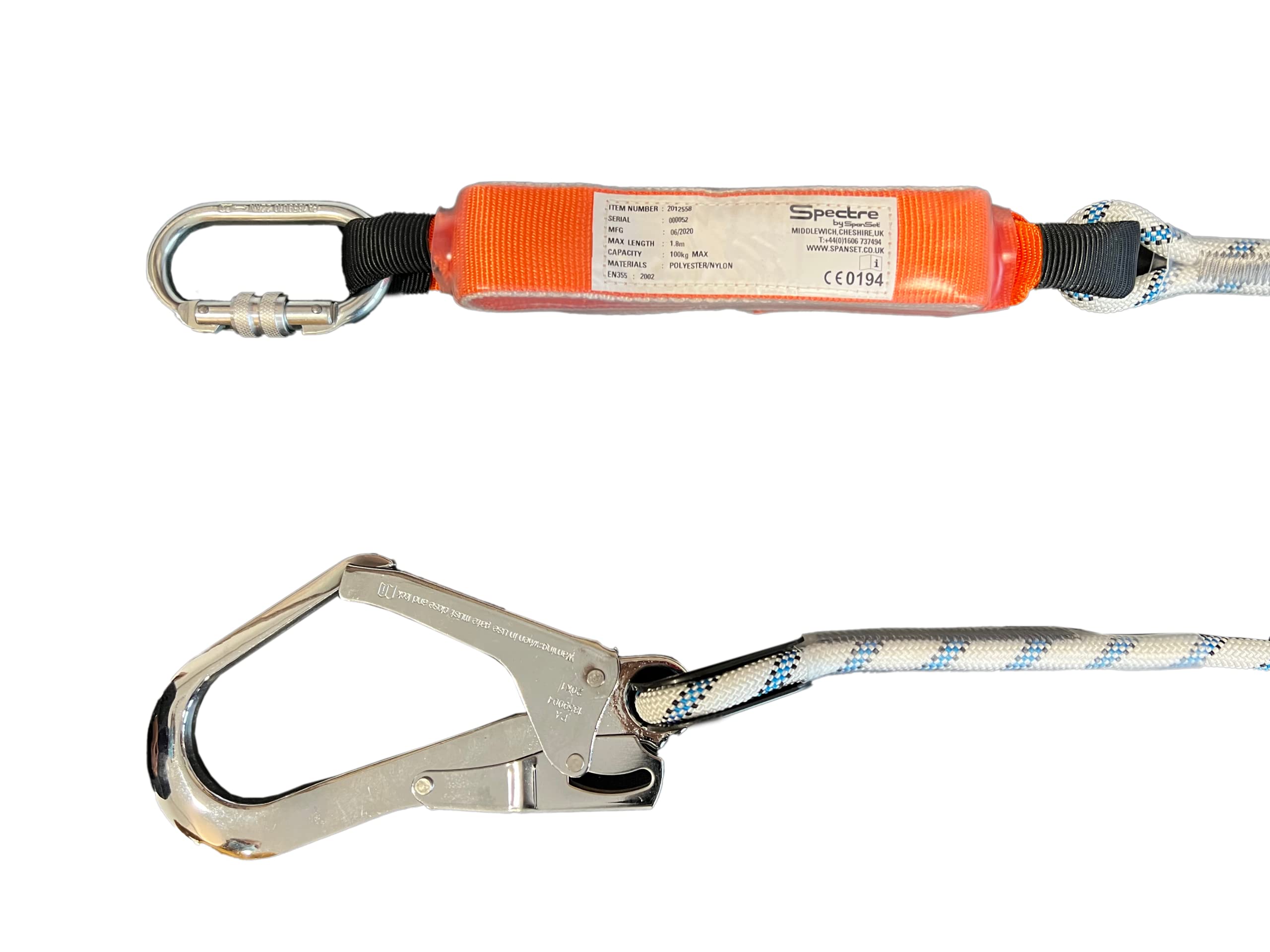 Cordino SpanSet Anticaduta 2 mt con assorbitore di energia a strappo, moschettone in acciaio e gancio da ponteggio. Conforme alla norma EN355.