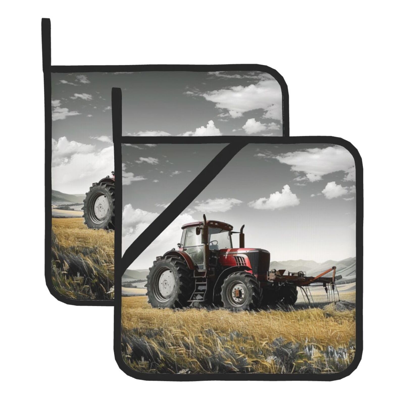 Tractor Agriculture Tranquil Printed Pot Holders Set of 2 Heat Resistant Table Mats Set with Pocket and Hanging Loop for Kitchen Dining Table Protection