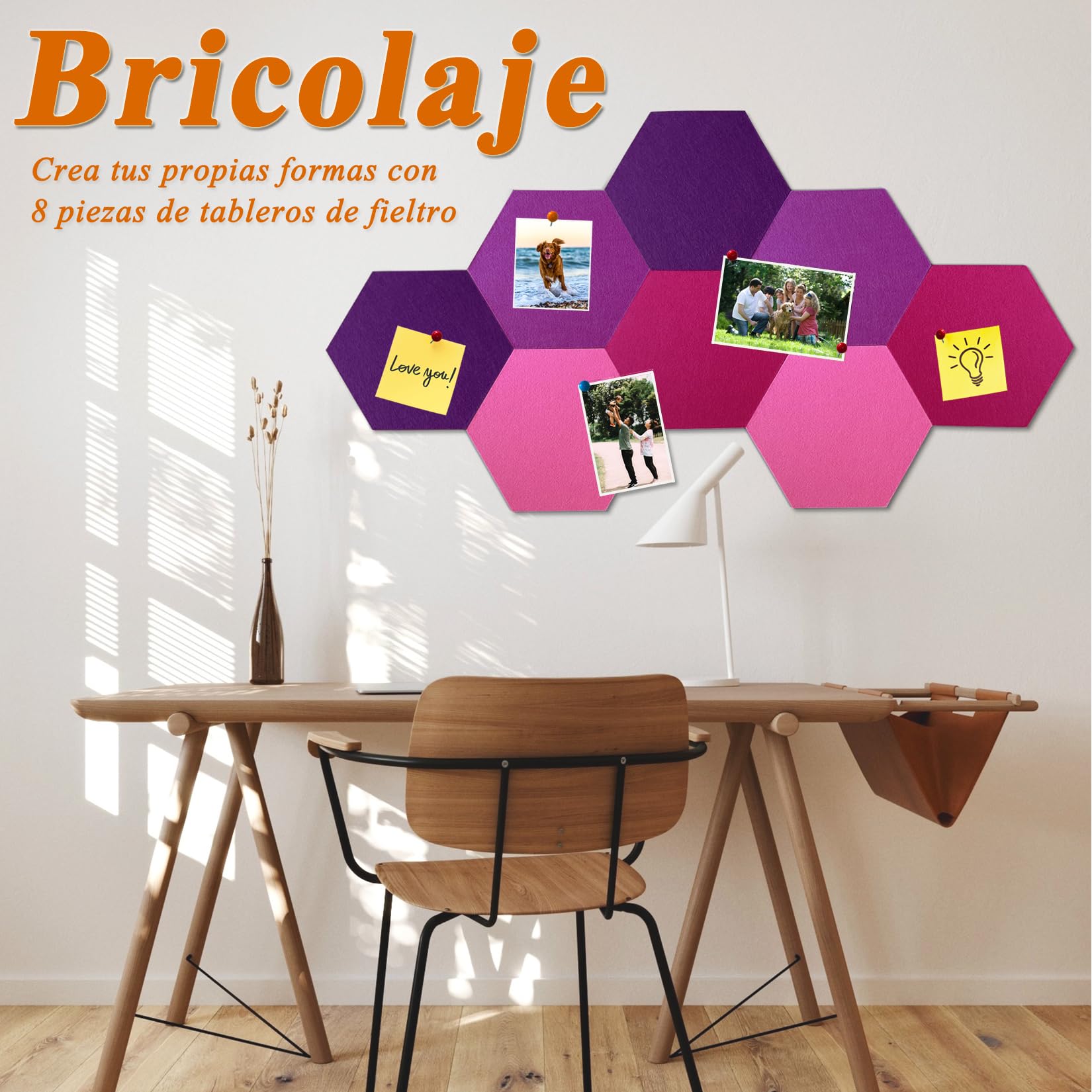 8 tableros de corcho de fieltro hexagonales, autoadhesivos, para oficina, escuela, hogar, decoración de pared, pegatinas, notas, fotos(Morado degradado)