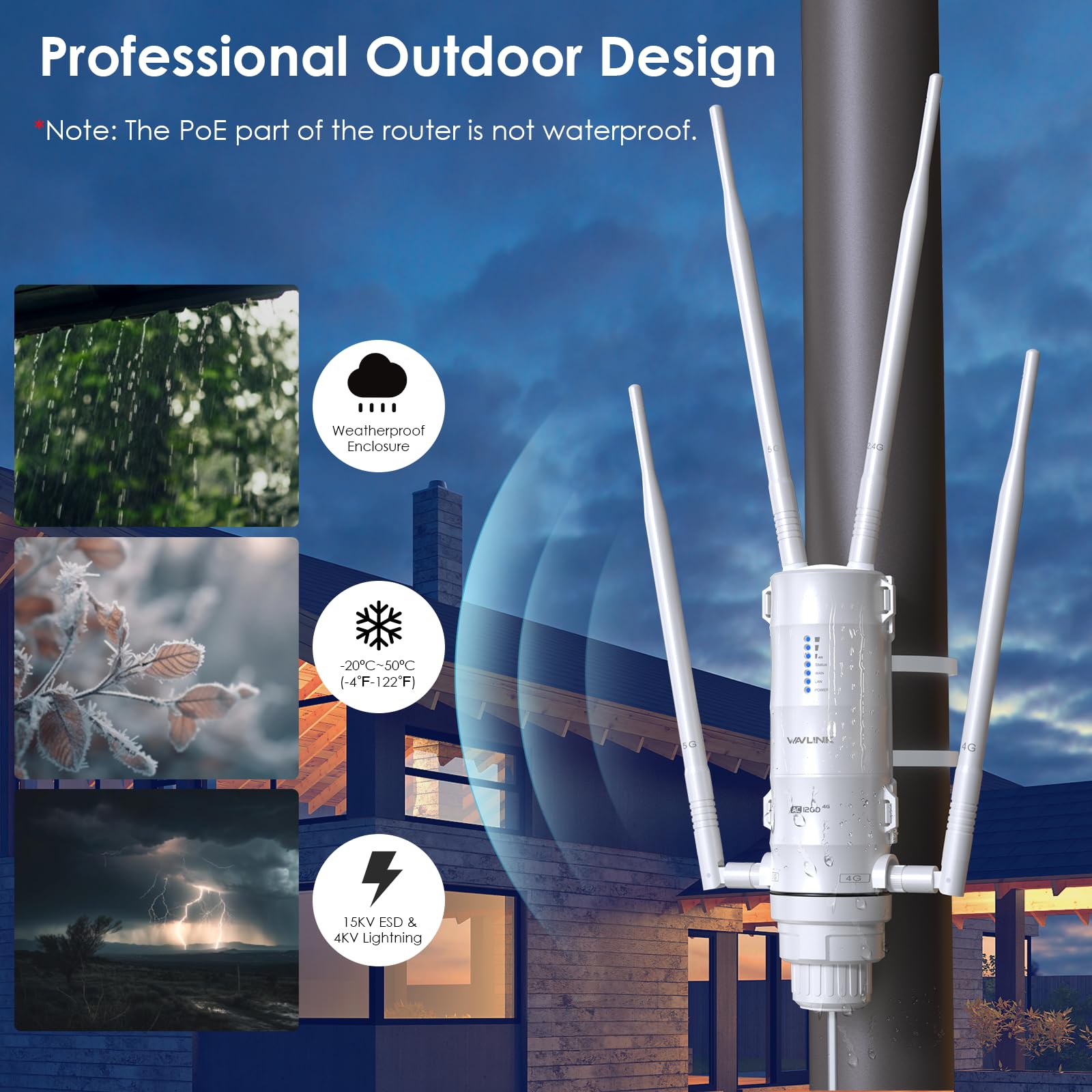 Ripetitore WiFi Esterno Potente Wavlink AC1200 4G LTE Dual Band Alta Potenza con Antenna Lunga Portata 7dBi e Slot SIM - Amplificatore WiFi Outdoor PoE per Copertura Estesa Fino a 200m