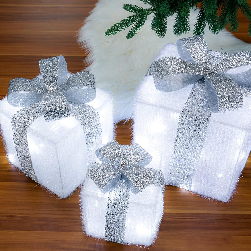BAKAJI Set 3 Pacchetti Pacchi Regalo Luminosi di Natale con Decorazioni Addobbi Luci LED Natalizie Box Luminose in Rattan Natale Scatole con Luci Festive Kit Decorazioni Natalizie Interni Esterni…
