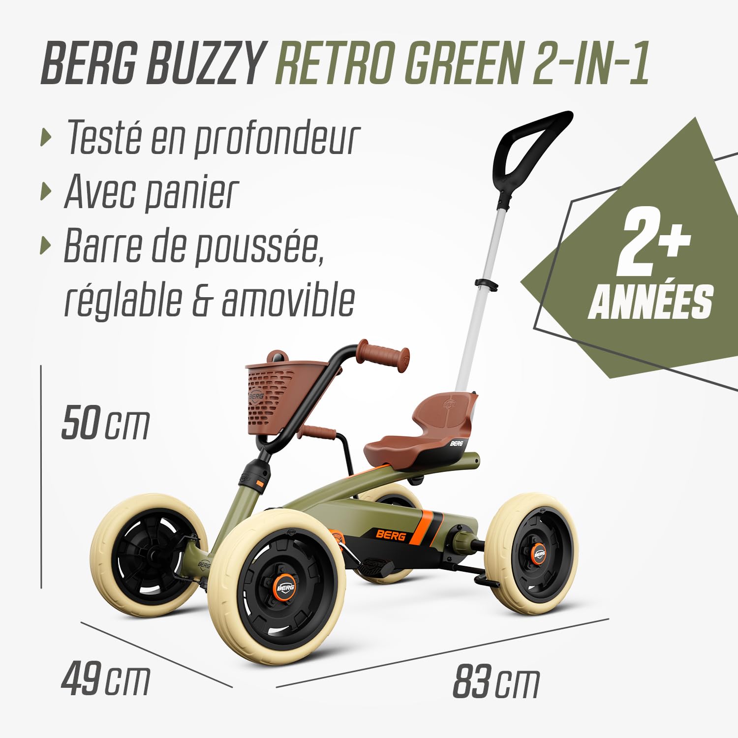 BERG Porteur Buzzy Retro 2-in-1 Vert | 2-5 ans, cadre robuste, selle réglable, volant réglable