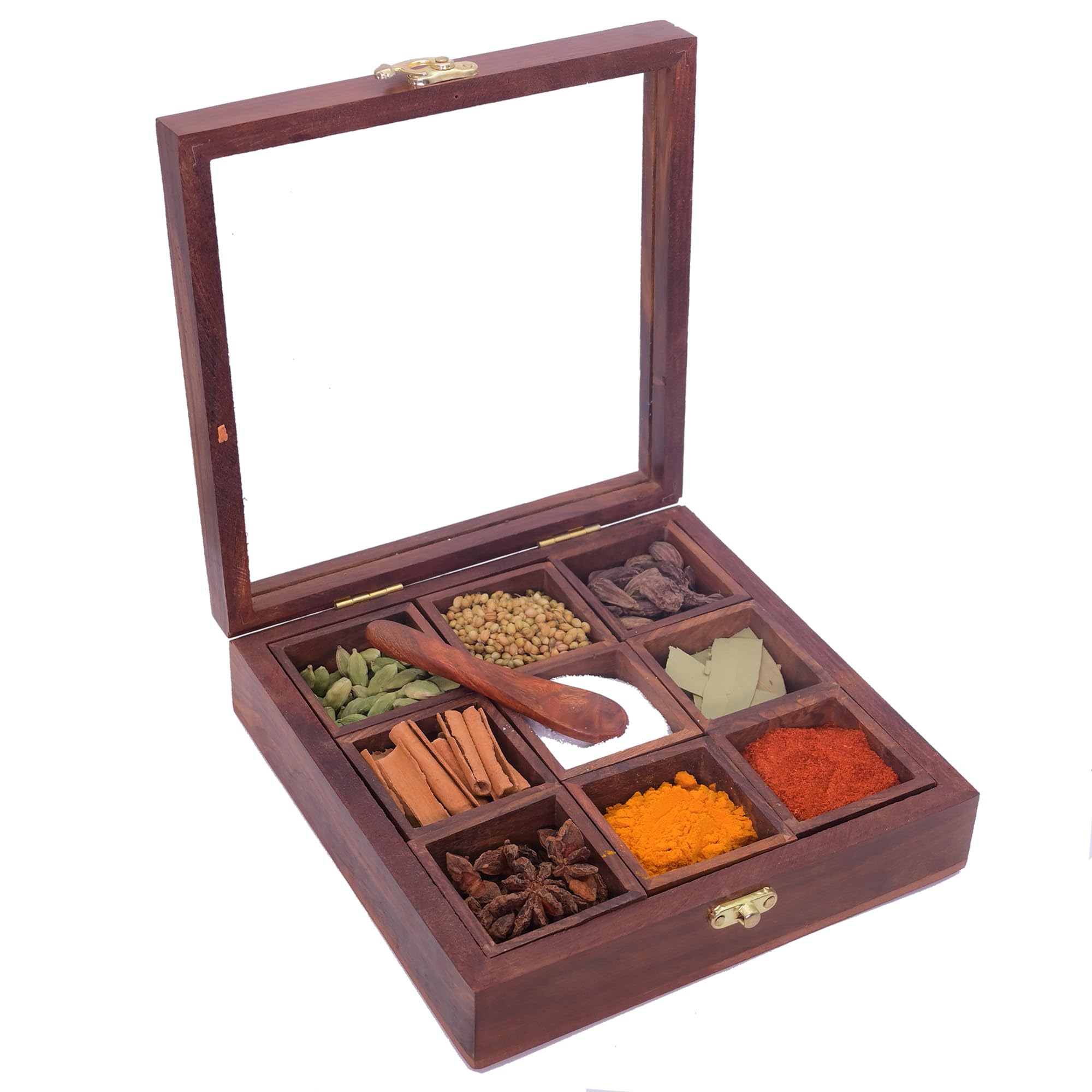 Shyre Wooden Masala Box with Antique Lock & Spoon|Spice-Fit Tabletop Glass Lid | Multipurpose Dry Fruit Box|Kitchen Masala Dani|(Handcraft Sheesham Wood, Detachable containers,Brown) (9 Box Container) (B0D76F9PDG) Amazon Price History, Amazon Price Tracker