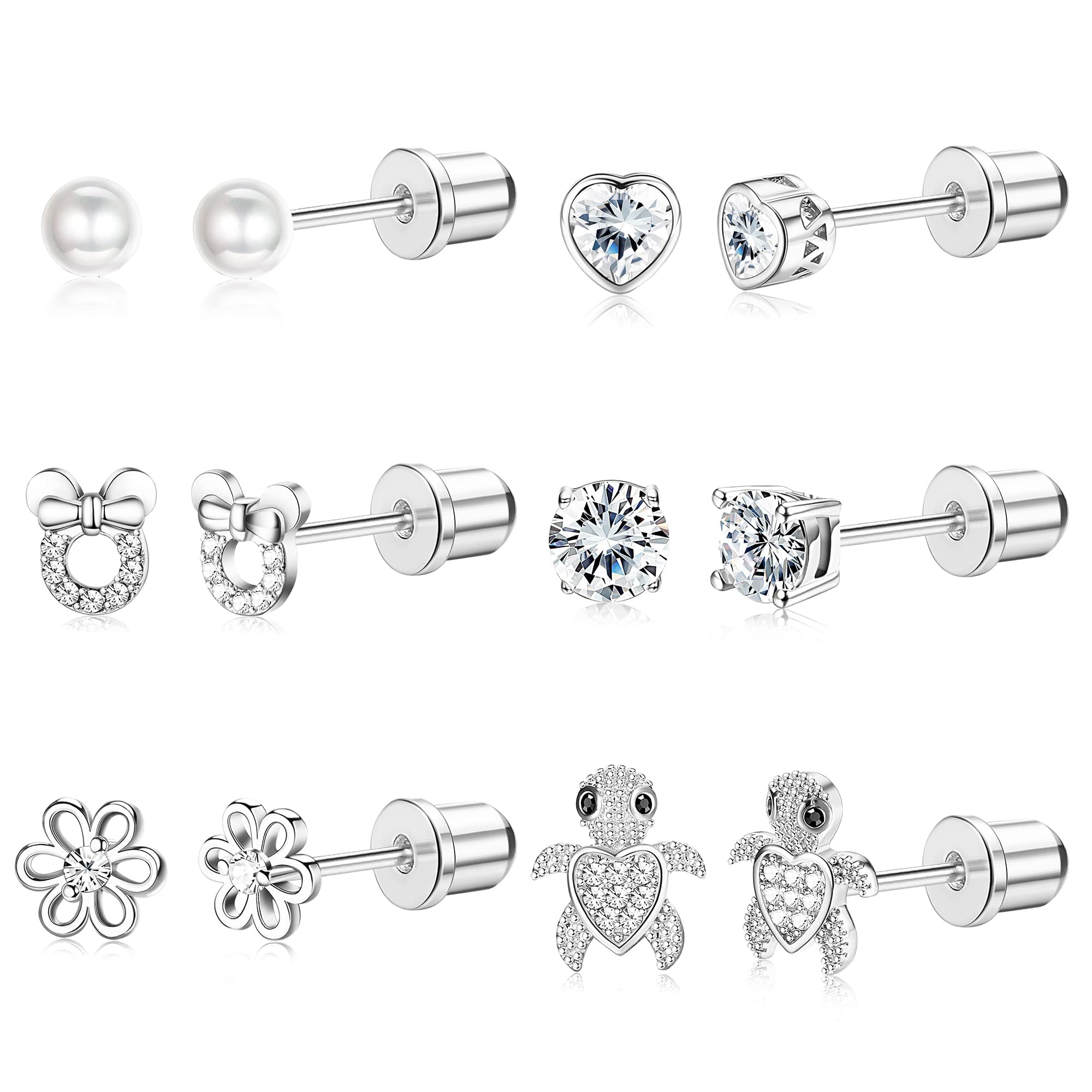 MILACOLATO 6Pares Pendientes Niña Mujer Hipoalergenicos Pendientes Tuerca Acero Quirurgico Rosas CZ Corazón Flor Aretes Antialergicos Tornillo Trasero Pendiente Tragus Cartilago Zarcillos Joyería