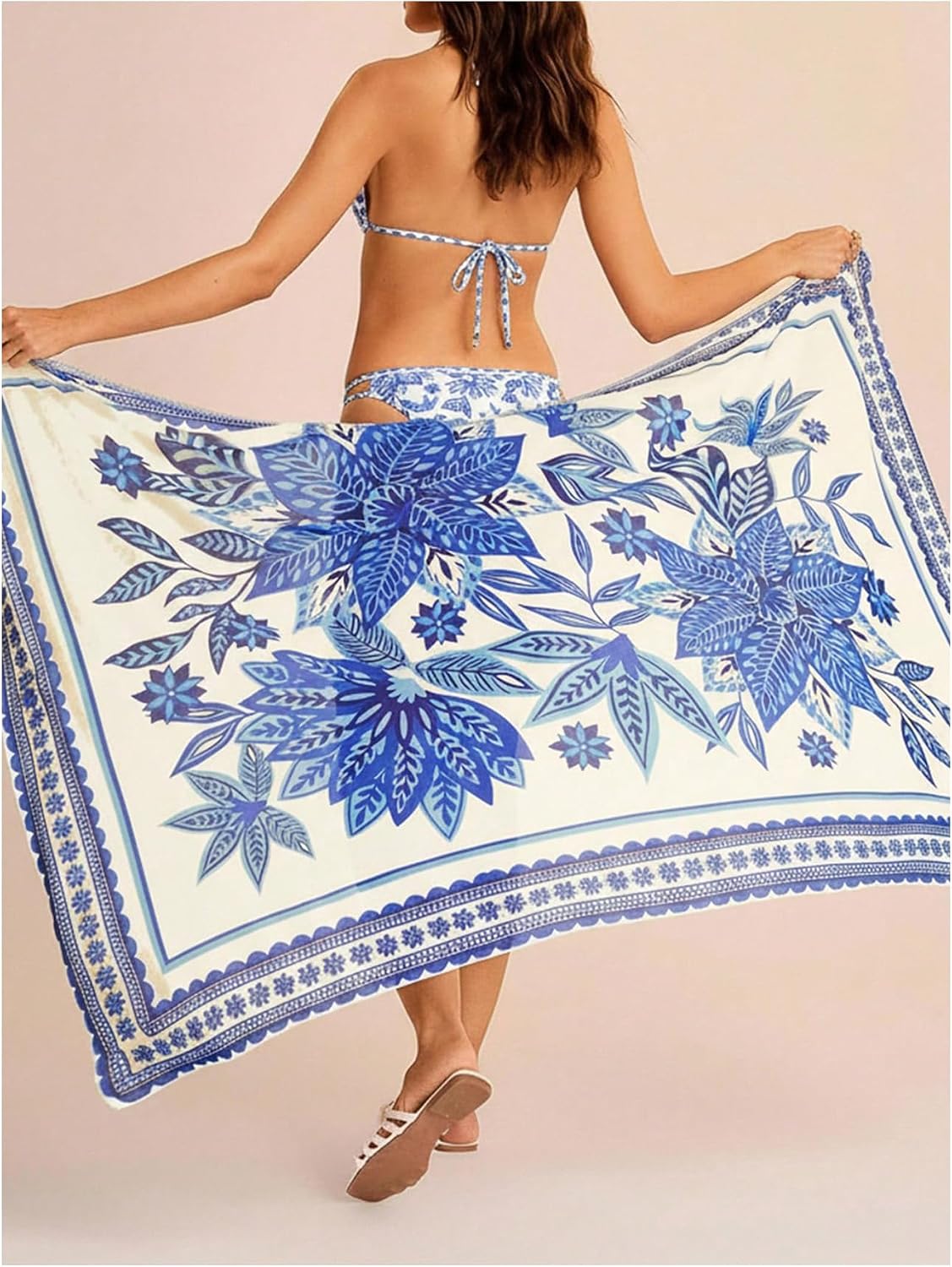 OYOANGLE Women's Beach Sarong Swimsuit Cover Ups Plant Print Knot Side Wrap Long Skirt Swimwear