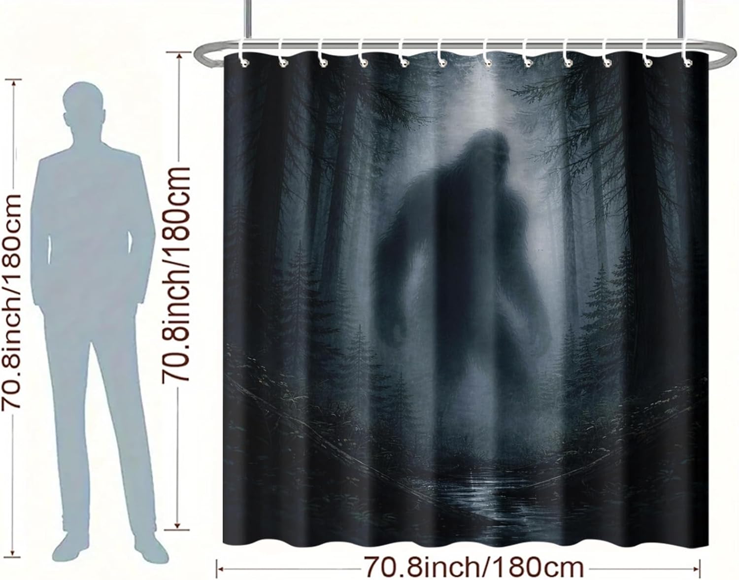 Sasquatch Bigfoot Forest Shower Curtain 70.8x70.8 Inch with Hooks Foggy Forest Bigfoot Silhouette Design Fabric Bathroom Decor Mysterious Outdoor Nature Decor for Bathtub