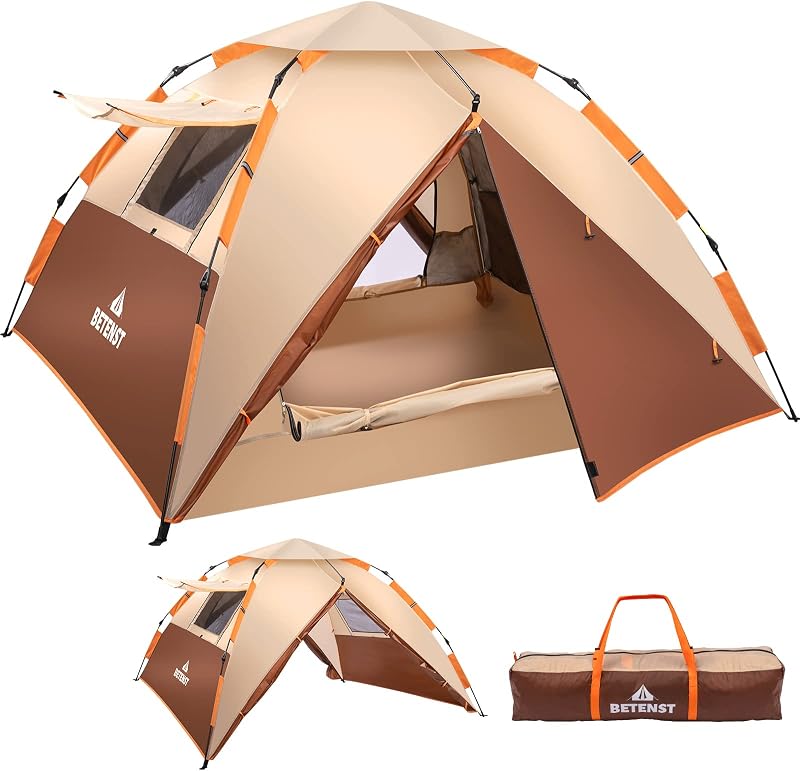 BETENST Pop Up Sátor 3 Személyes - Vízálló Kupola Kemping Sátor Dupla Réteggel, 2 Hálós Ajtóval és Ablakkal, Hordtáskával, Túrázáshoz - Brown, Brown, 90.55 x 90.55 x 53.15 inches, Classic