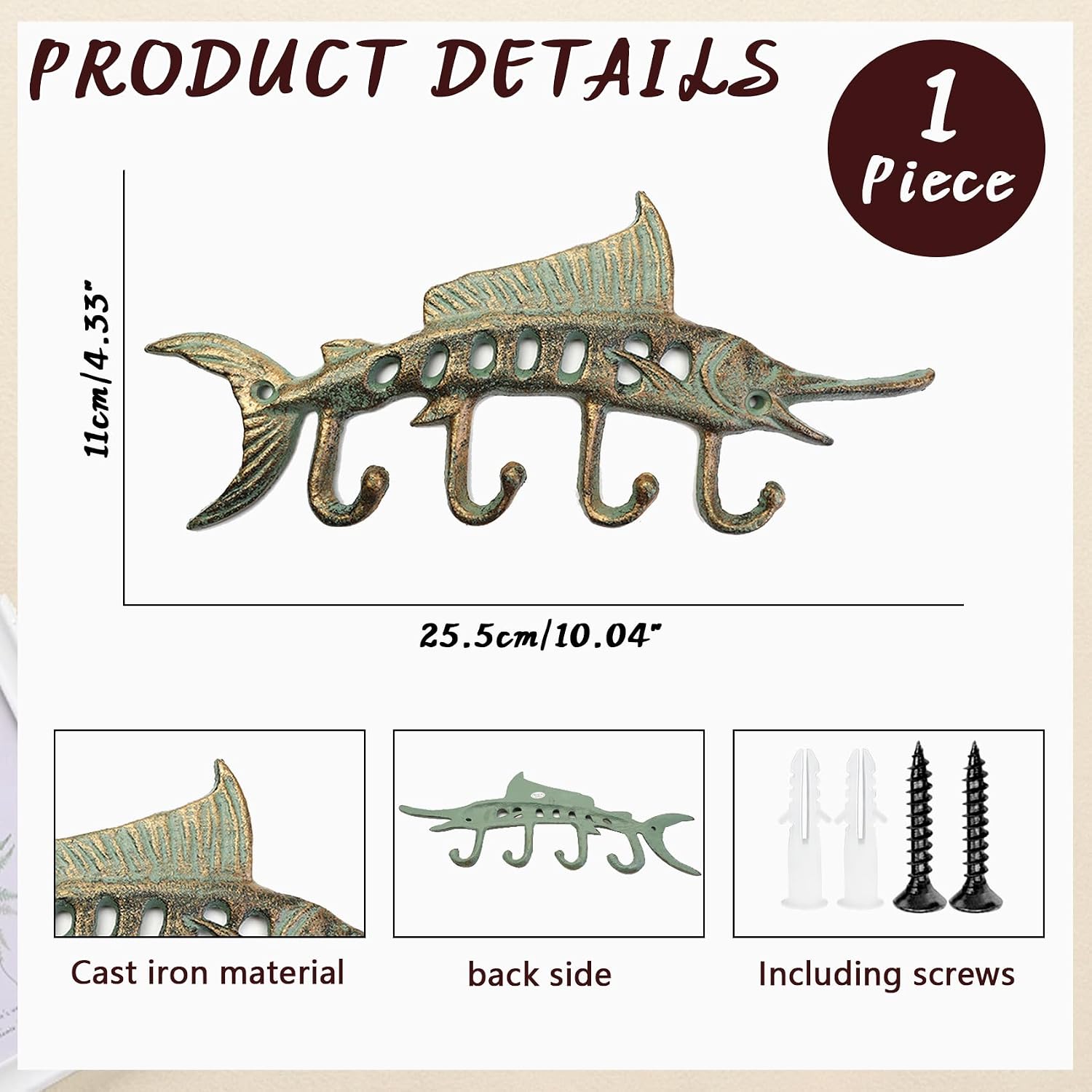 1Pcs Heavy Duty Cast Iron Fish Hook Set with 4 Funky Wall Hooks, Rustic Vintage Key and Leash Holder for Outdoor Indoor Wall Decor, Bathroom, Garden, Entryway
