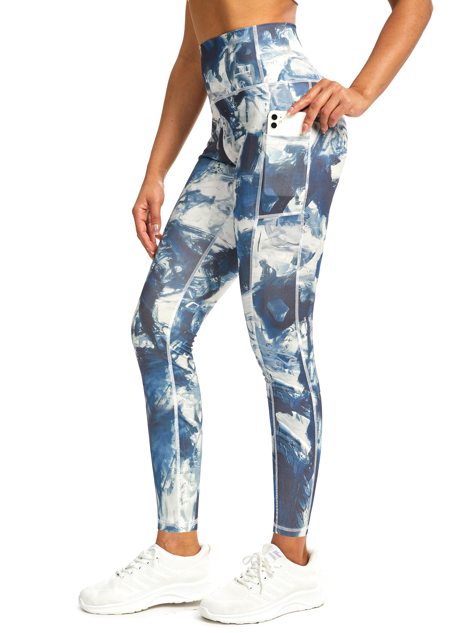 Tuspryt Sport Leggings Damen Lang,Blickdichte Printed Fitnesshose Laufhose Damen mit Taschen