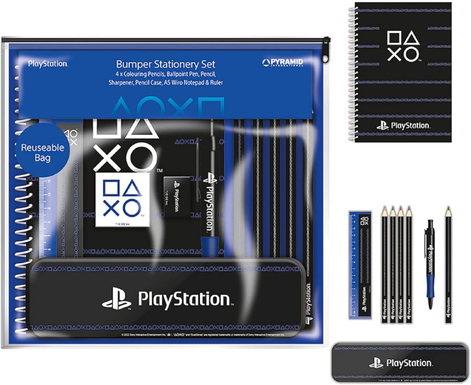PlayStation Bumper Stationery Set (Pinstripe Dark Design) with 3 Notebooks, Pencil Tin, Pens, Pencils, Sharpener, Erasers, Ruler, Lanyard and Stickers - Official Merchandise
