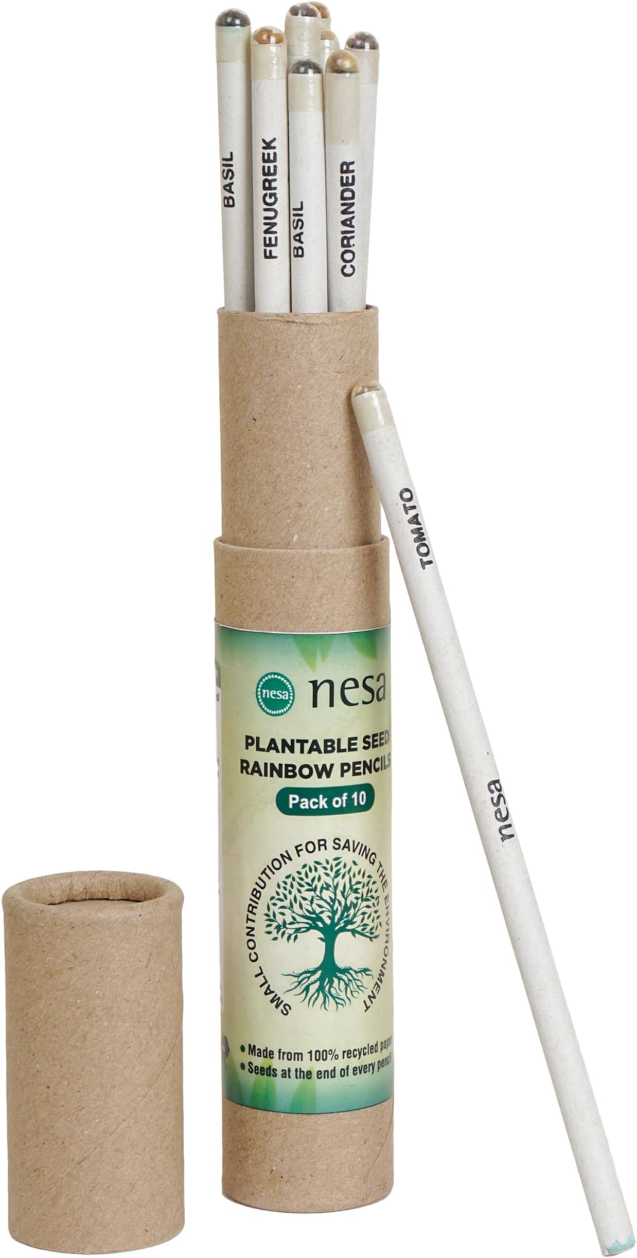 Nesa Plantable Seed Pencils - Eco-Friendly and Biodegradable Writing - Pack of 10 | Black Graphite Lead | Recycled Paper | Mixed Seeds | Rainbow Pattern