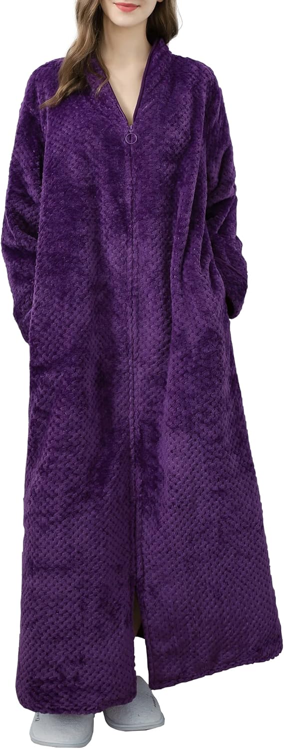 Locachy Women's Flannel Zip Warm Robe Cozy Fluffy Long Bathrobe Housecoats Nightgown Sleepwear