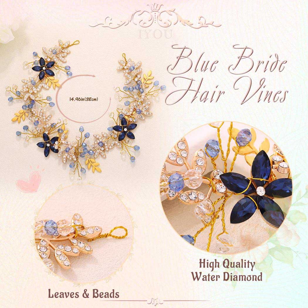 IYOU Bridal Wedding Hair Vine Gold Leaf Headpiece Flower Guest Bride Hair Accessories for Women, Blue - Image 2