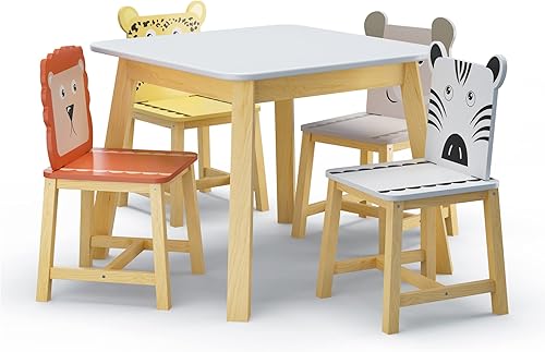 Montary Juego de mesa y 4 sillas para niños, escritorio de madera de estudio para niños, sillas de animales de dibujos animados, aulaguarderíahogar,
