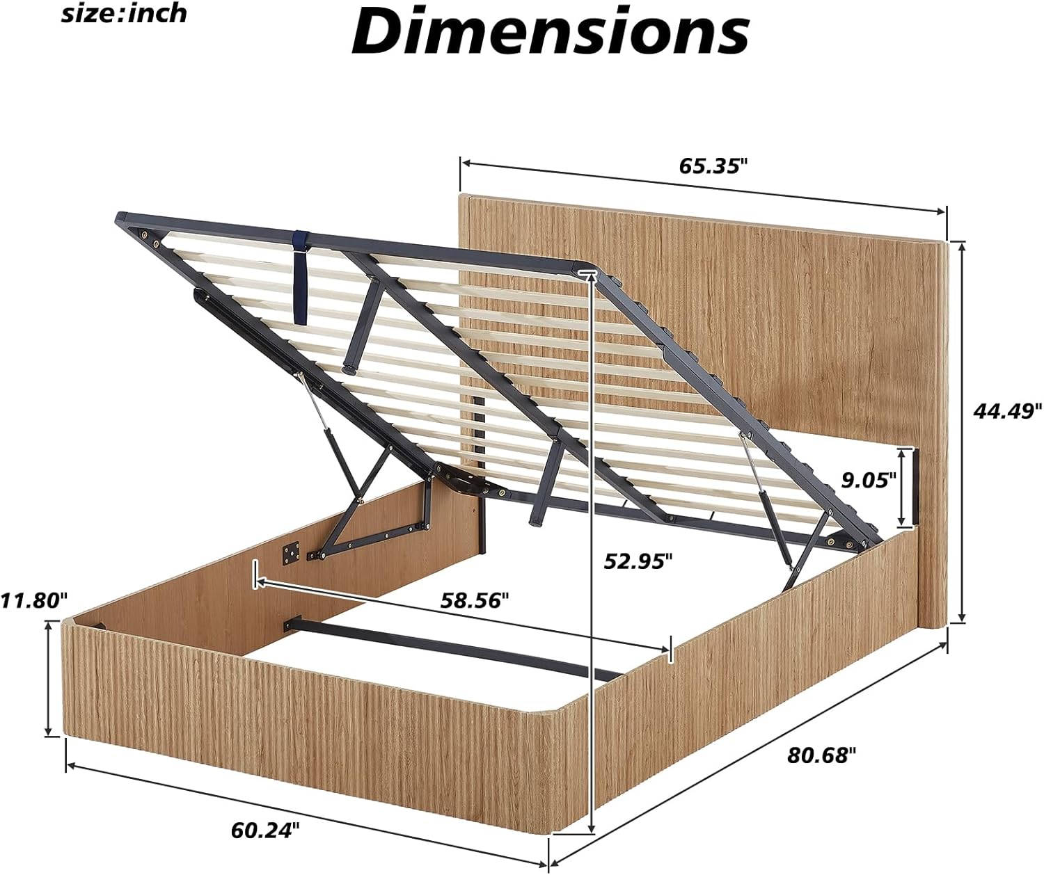 Rustic Lift Up Platform Bed with Hydraulic Storage Systerm, Solid Wood Queen Size Bed Frame with Storage and Headboard, Oak