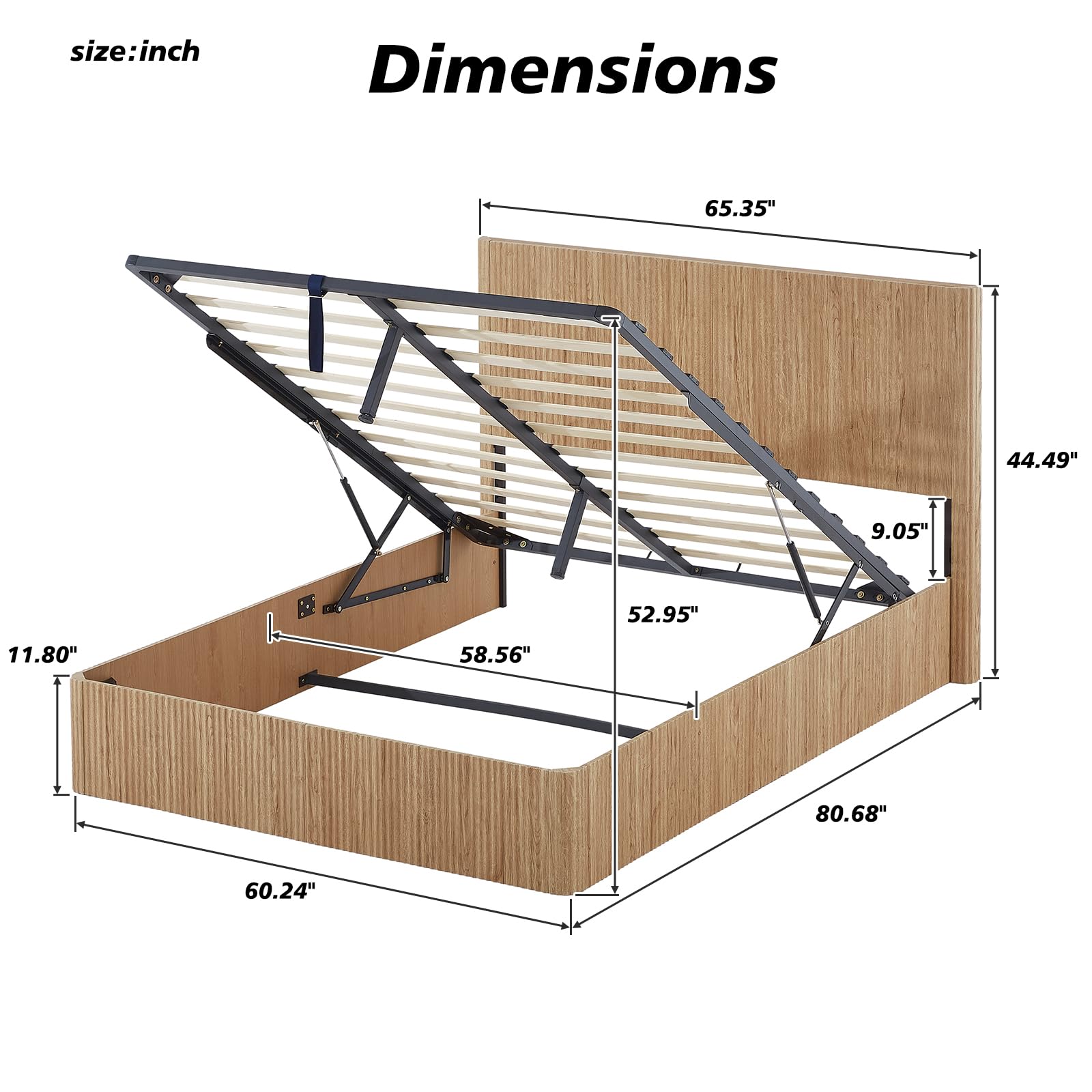 Photo 1 of ***PARTIAL SET - PRICE ADJUSTED***Bellemave Queen Lift Up Storage Bed, Oak Wood Lift Up Bedframe,Wooden Corrugated Curved Lines, Hydraulic Storage,Oak