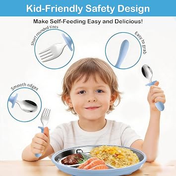 6 Pack Toddler Utensils, Kids Silverware Set with Silicone Handle, Children Safe Spoons and Forks, 18/8 Stainless Steel, Food-Grade Silicone - Dishwasher Safe (A)