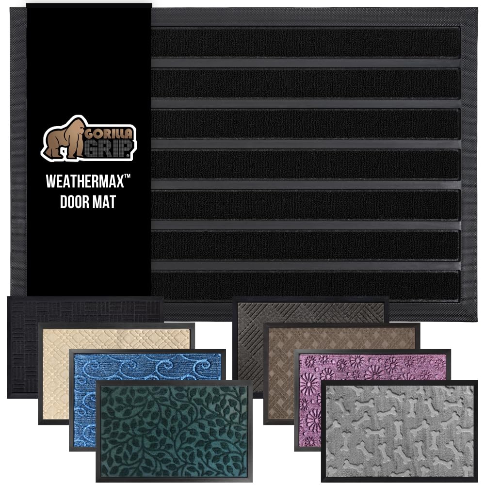 GORILLA GRIP 100% Waterproof All-Season WeatherMax Doormat US Designed Natural Rubber, Stain and Fade Resistant, Low Profile Indoor Outdoor Door Mats,