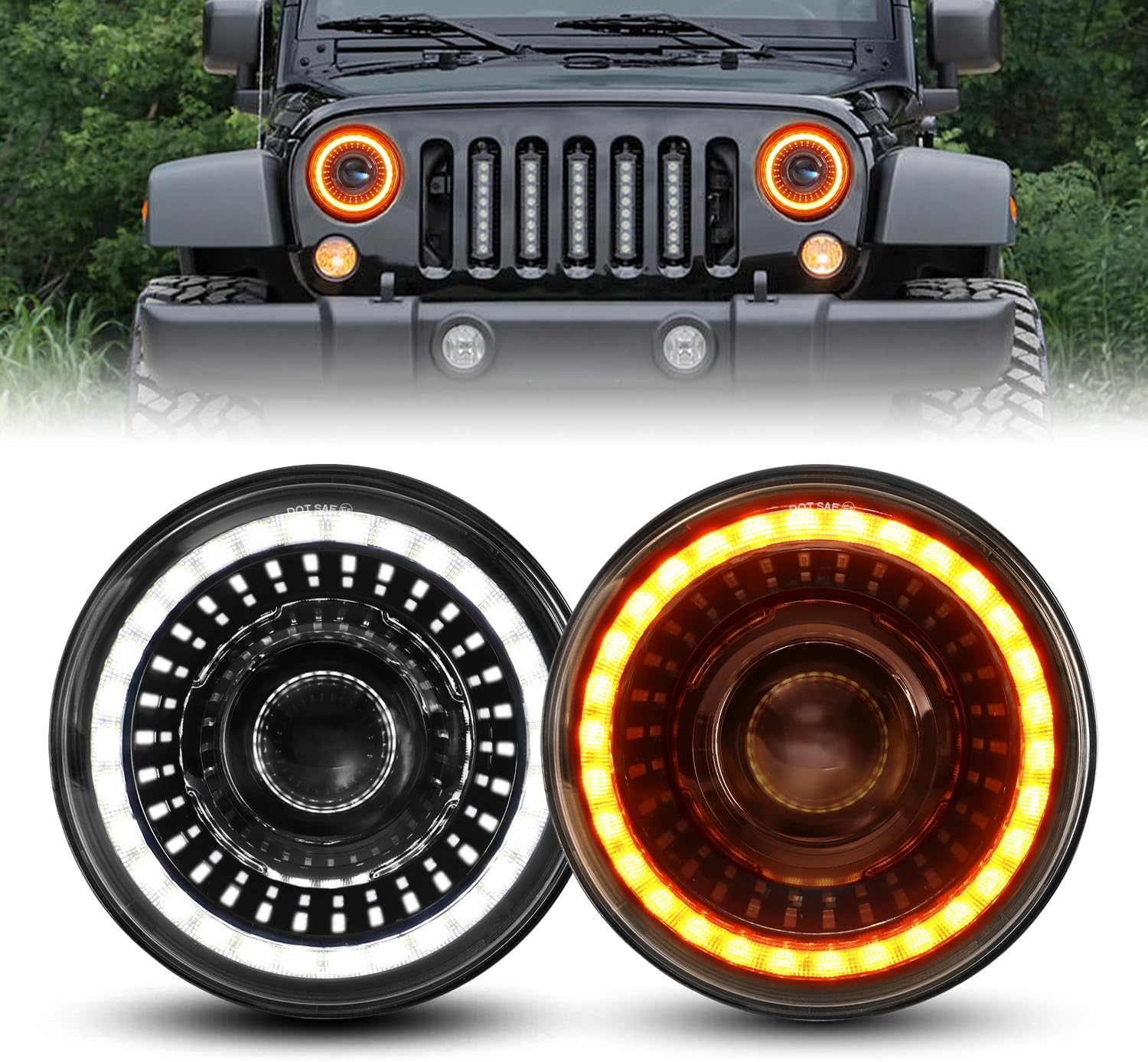7 Inch Round Wrangler Led Headlights, with High Low Sealed Beam, DRL Turn Signal for Wrangler JK 2 door/4 door 2007-2017, TJ unlimited/1997-2006, LJ 2003-2006, CJ 1976-1986/8 scrambler 1981-1985 White and Yellow 7 Inch