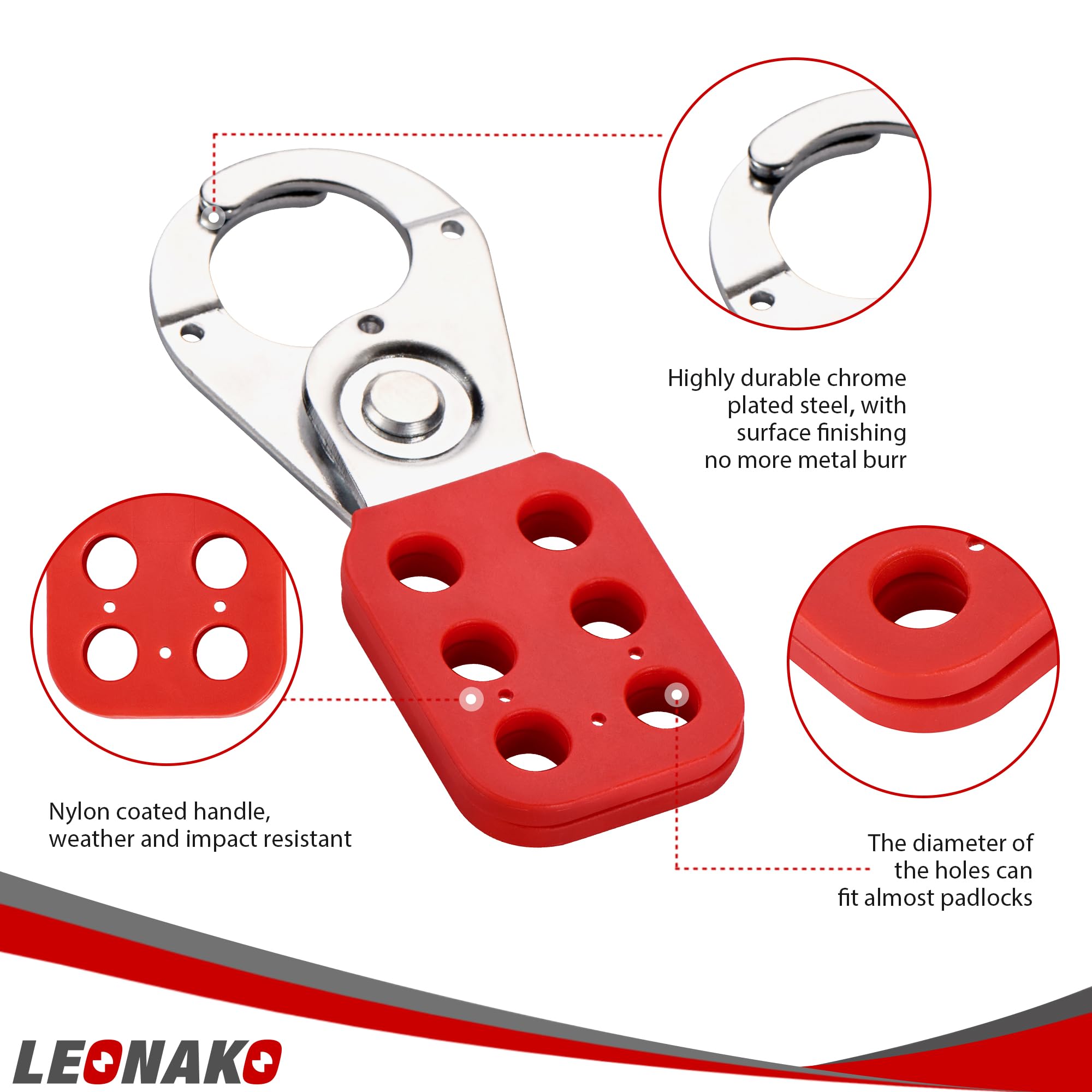 LEONAKO Lock Out Tag Out Hasp - 1 inch Jaw Diameter Stainless Steel Lockout Hasp, Tamper-Proof and Impact-Resistant Red Loto Hasp, Nylon Handle (6 Pack)