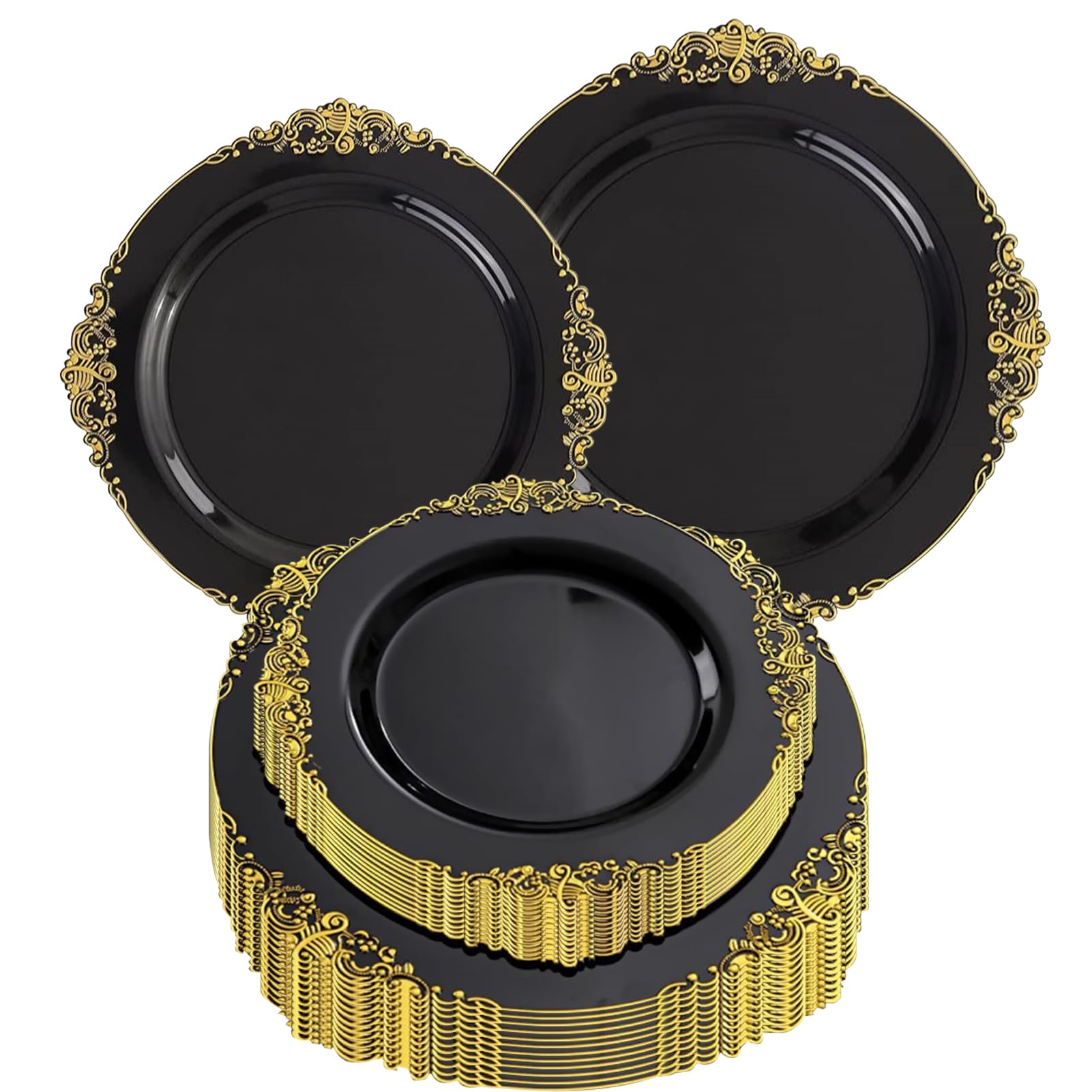Beauenty 24PCS Plastic Plates Sets, Disposable Party Plates, Tableware for Party Wedding (Black)