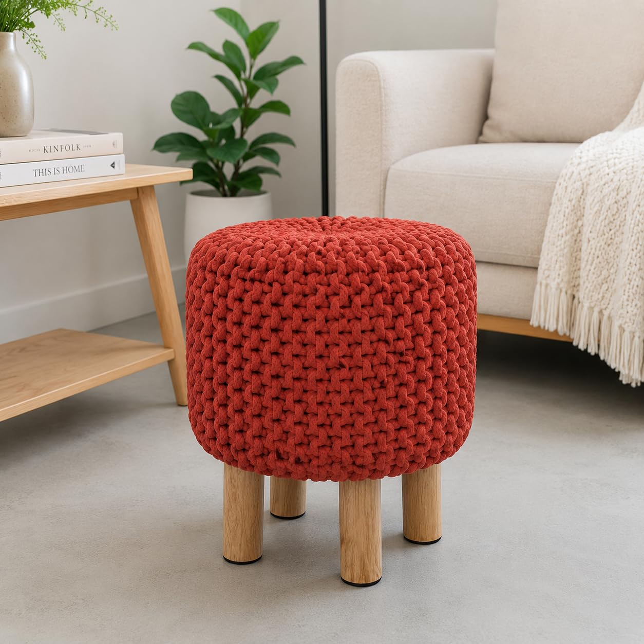 CASVO® Handmade Jute Pouffe Stool with Wooden Base | Cotton Knitted Ottoman Footstool | Round Sitting Pouf for Living Room Library Office & Home Decor 32x32x42 cm (Rust)
