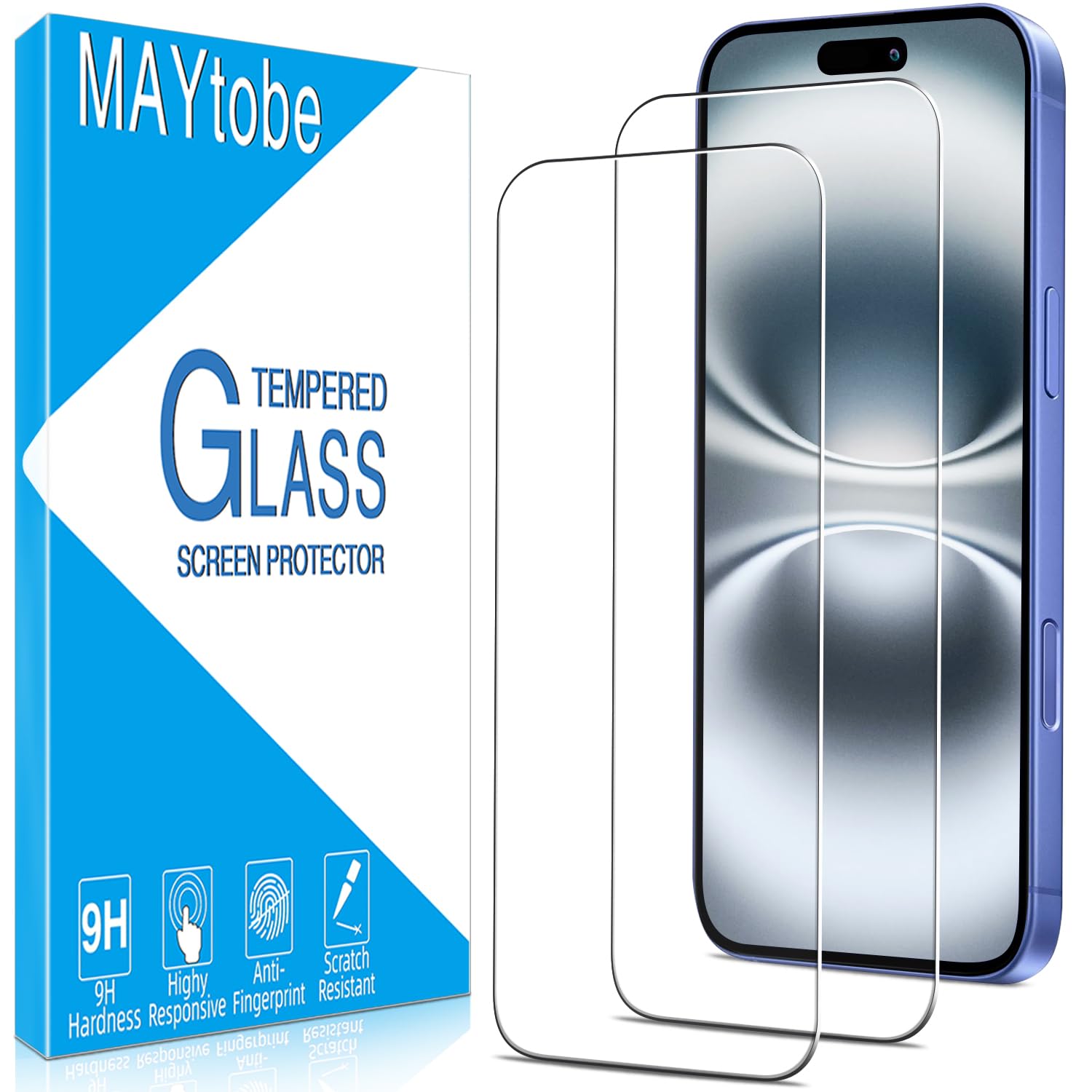 MAYtobe [2-Pack Screen Protector for iPhone 16 Tempered Glass, 9H Hardness, Case Friendly, No Bubbles, Anti Scratch, Easy To Install