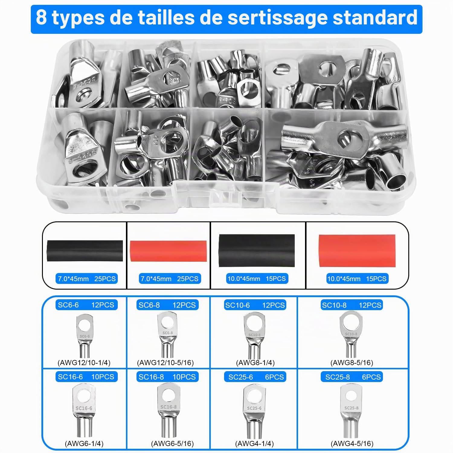 Pince à Sertir Professionnelle pour Cosses 10-1/0 AWG (6-50mm²) - Avec 80 Bornes à Anneau en Cuivre + 80 Gainettes Thermorétractables, 8 tailles, Outil de Crimpage Électrique à Cliquet Multifonction