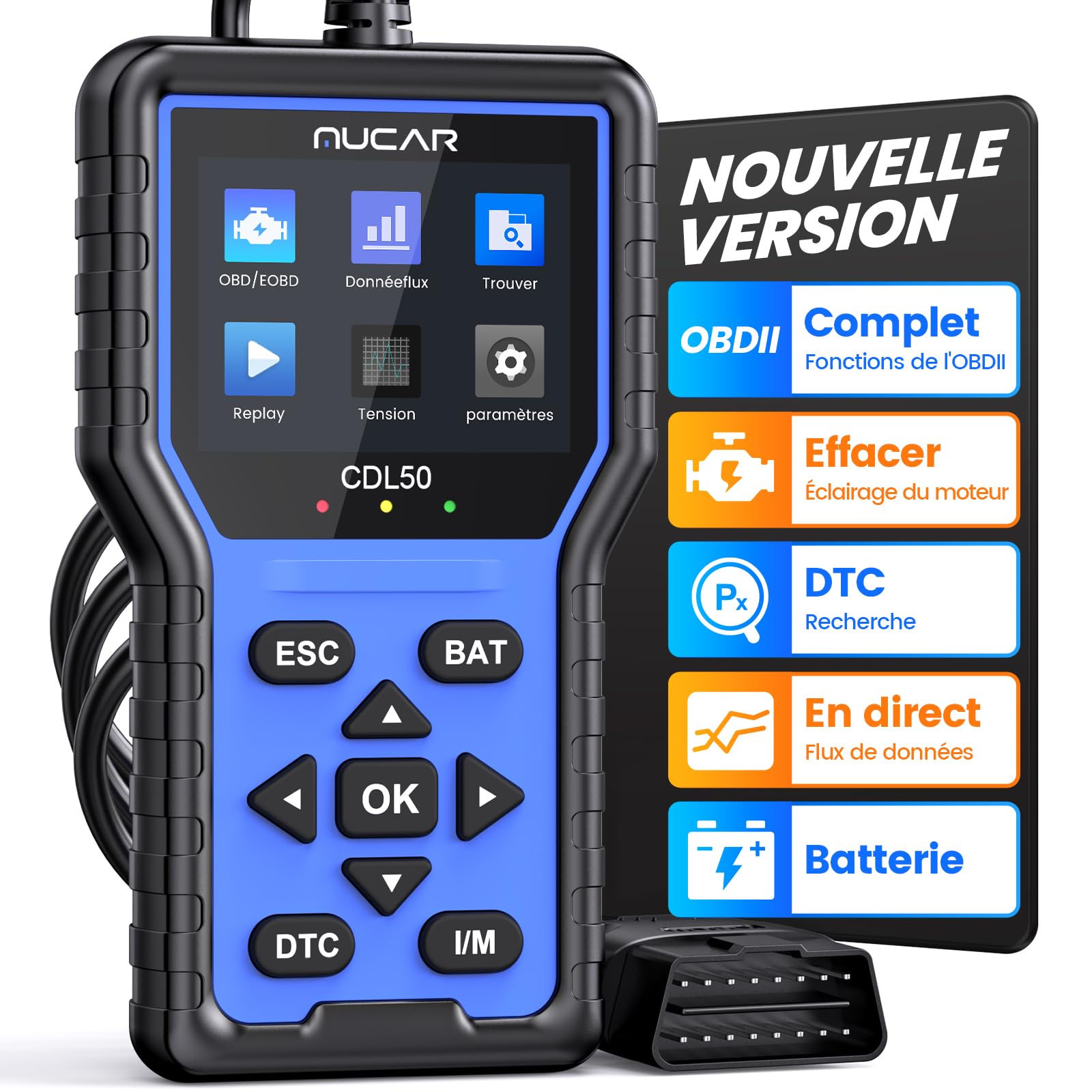 mucar Valise Diagnostic Auto, CDL50 OBD2 Diagnostic Français, OBD2 Scanner Universel Lecteur de Code d'erreur de Moteur (MUCAR-CDL50)