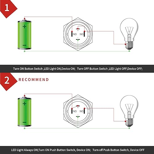 Miniatura 7 de APIELE (Pcs de 2) Interruptor de botón de bloqueo de 0.472 in de acero inoxidable de cabeza redonda alta 1 normalmente abierto con anillo Led (azul)