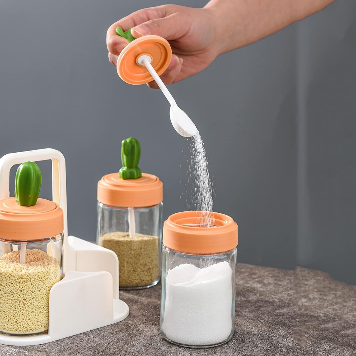 DNCG Condiment Jar Condiment Jars Condiment Container Seasoning Box Spice Jars Salt Sugar Glass Transparent Storage Container with Spoon for Kitchen Set of 3 Condiment Canisters Pots (Color Jars