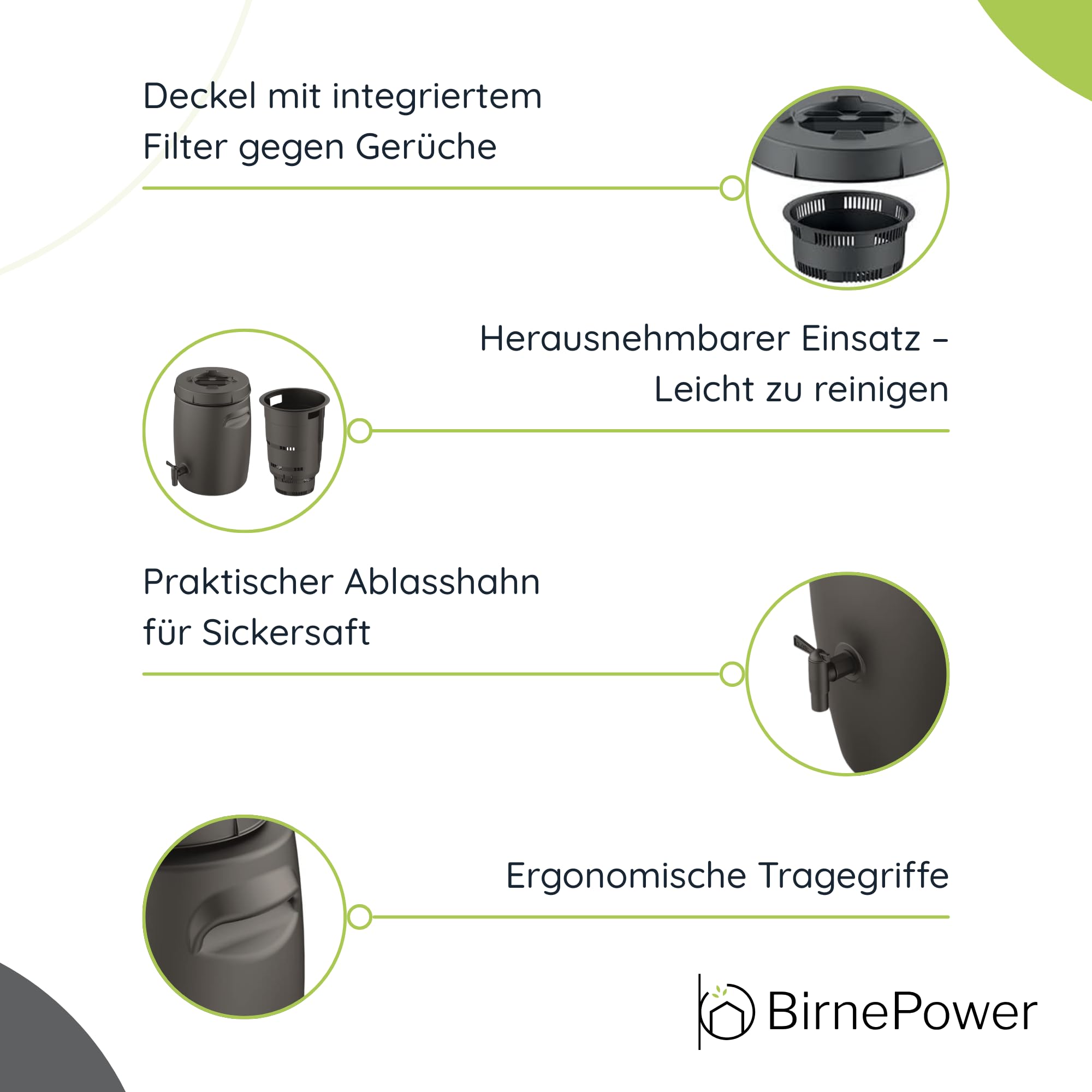 Komposteimer 55L Bio Mülleimer Komposter mit Deckel Einsatz Filter Ablasshahn großer Biomülleimer zur Herstellung von Dünger Küchenkomposter Garteneimer Regensammler Schwarz