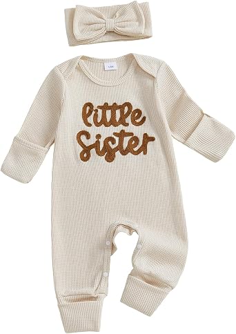 Little Sister Newborn Outfit Baby Girl Going Home Outfit Infant Romper Waffle Footies Knitted Jumpsuit Mitten Clothes