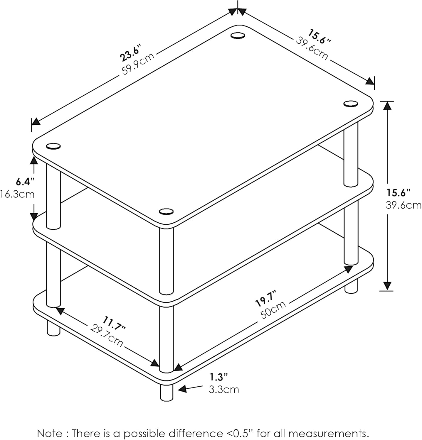 furinno just coffee table, 3-tier modern coffee table with open shelf, toolless assembly side table, for living room, bedroom, home office, white white/white tall 23.6"(w)x15.6"(h)x15.6"(d)