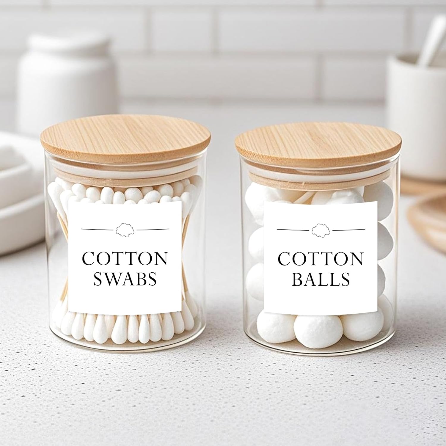 Klmnop 2 Pack Glass Cotton Swab Hold with Tray, Cotton Round Apothecary Jars with Lids and 6 Pcs Labels, Bathroom Countertop Swab Dispenser for Cotton Ball Hair Ties Floss Pick(Clear) image 3