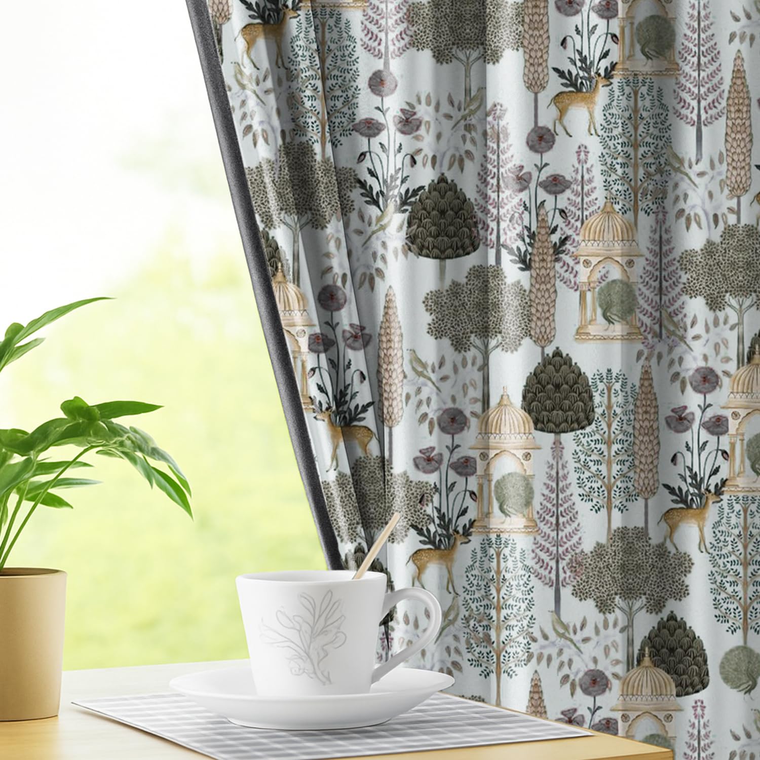 LINENWALAS Pichwai Printed 100% Blackout Curtains for 10 Feet Long Door Set of 2 Panels, Thermal Insulated, Noise Reducing Luxury Drapes, Heritage Art Inspired Premium Curtains for Living Room (White)