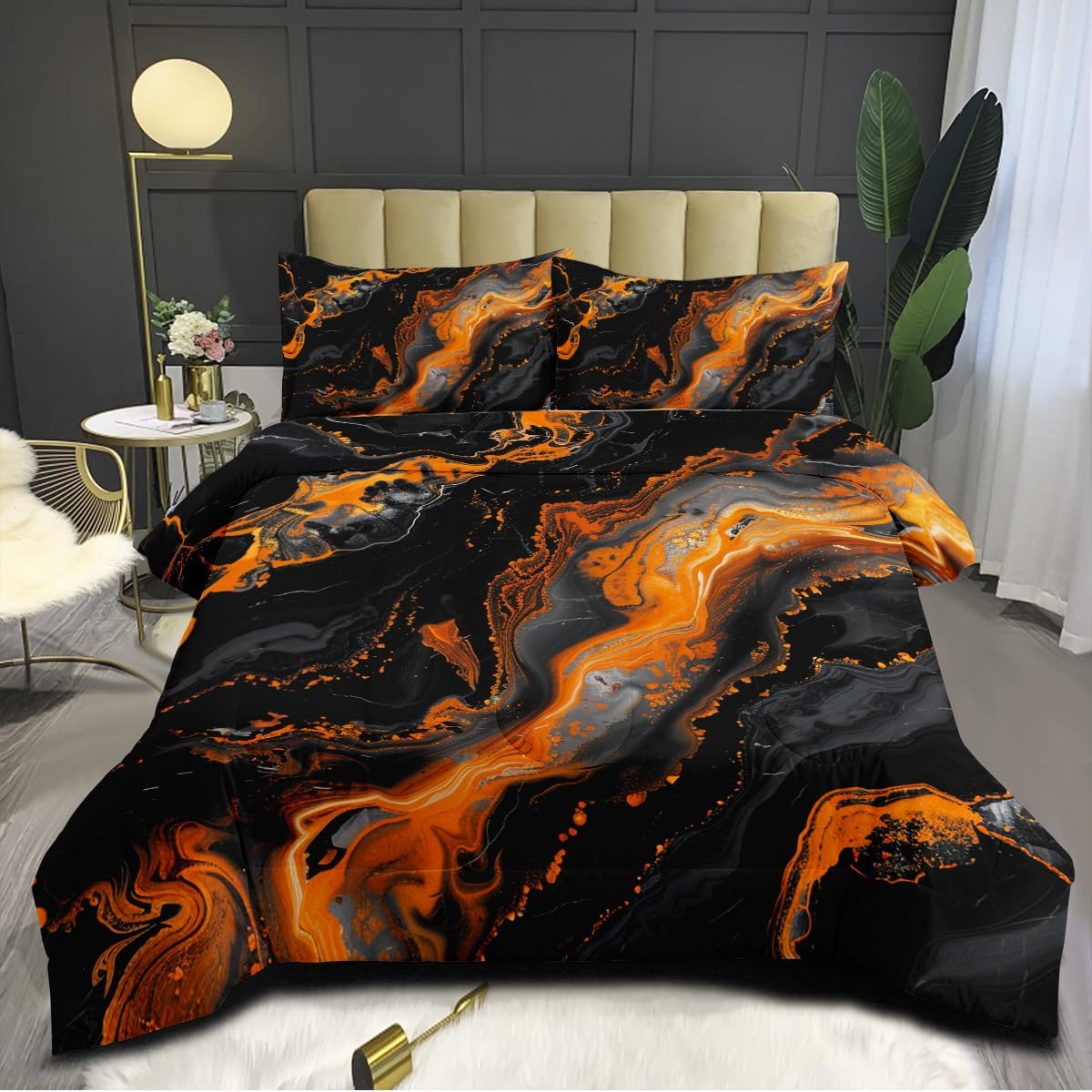 King Size Modern Marble Comforter Set Black Orange Marble Bedding Set Abstract Marble Down Comforter Decor Quilt Set for Adult Women Girls 3Pcs Soft Lightweight Bed Set