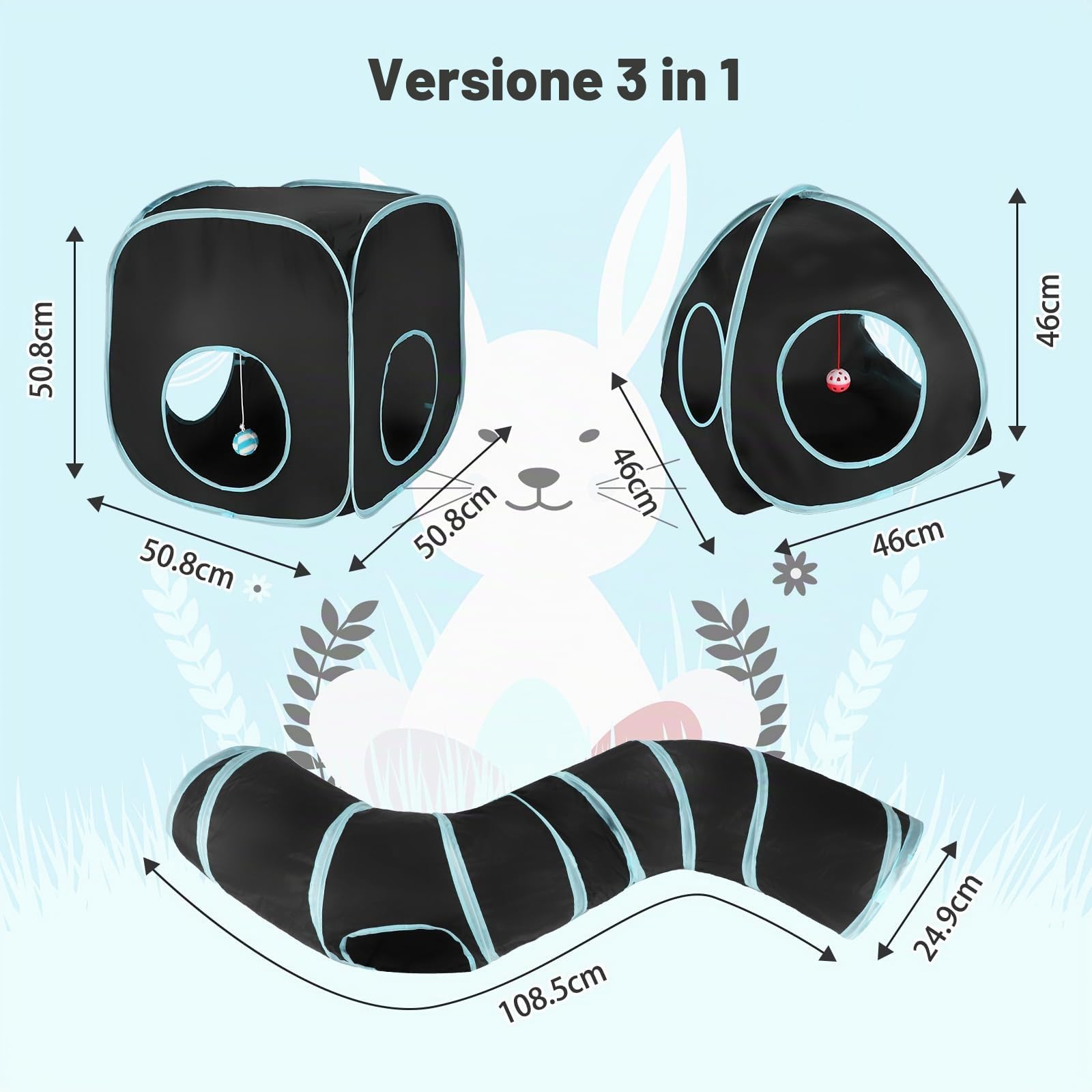 Tunnel per Gatti Casetta Portatile 3 in 1 Gioco Gatto,Tubo Interattivo Pieghevole per Gatti e Cubi per Divertimento,Esercizio e Gioco(Blu Nero)