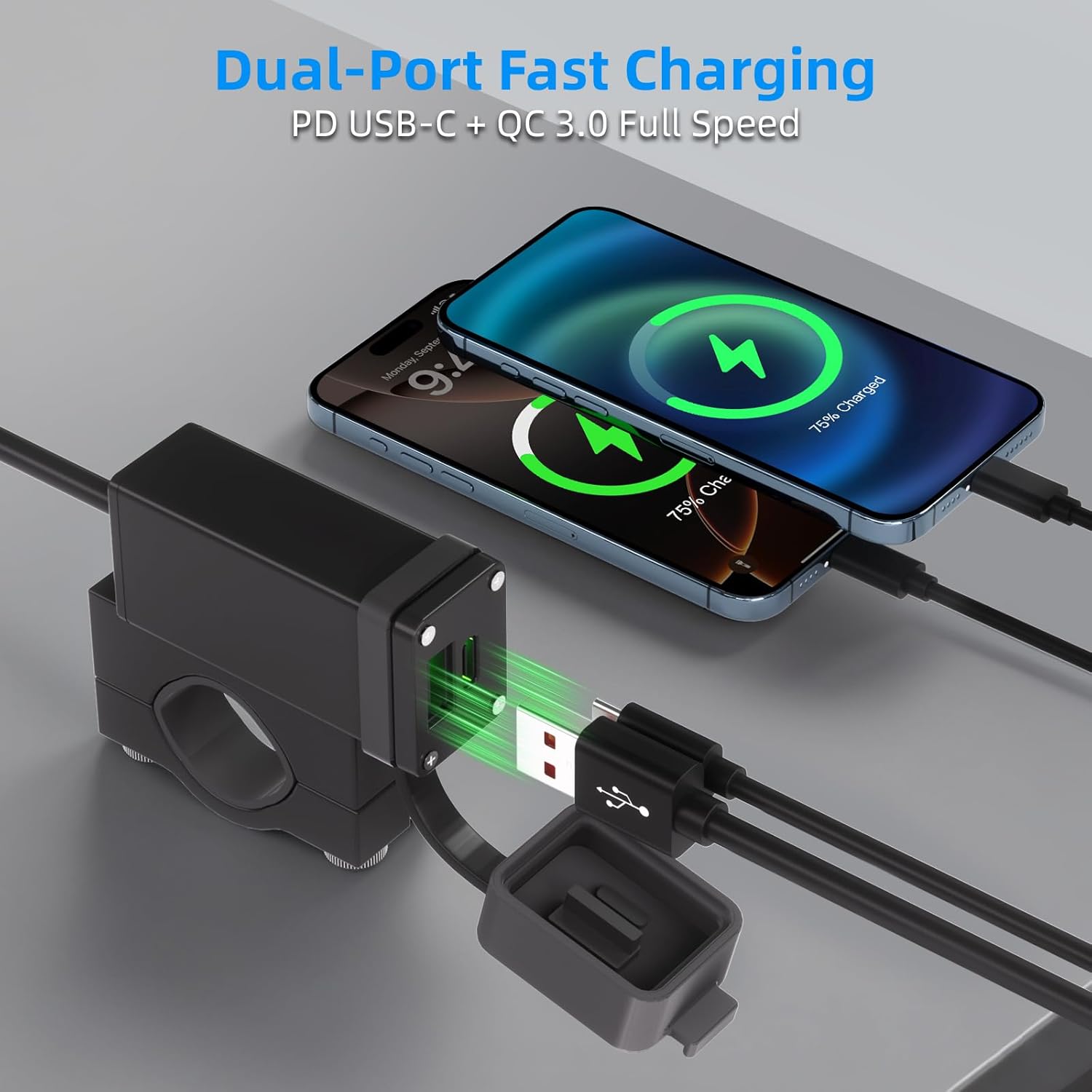 Cliff-Top Motorcycle USB Charger Dual USB Port 6A 36W Waterproof Aluminium Phone Charger with PD USB-C & QC 3.0, Magnetic Power Switch, Heavy-Duty, Battery Drain Prevention