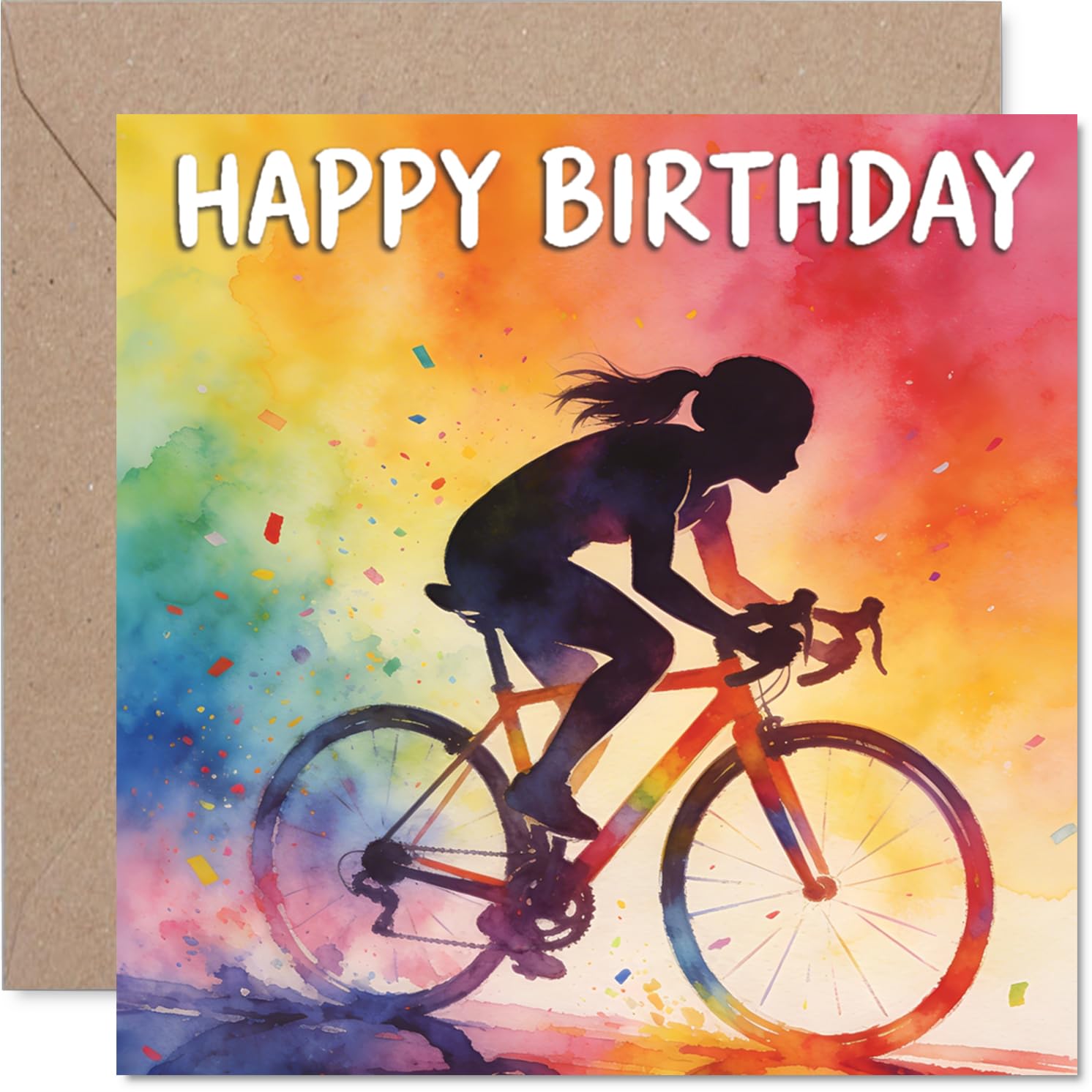 Playful Birthday Card - Ride into a Colourful Year - Vibrant Watercolour Cyclist Design Bursts with Energy - 145mm Square, Envelope Included