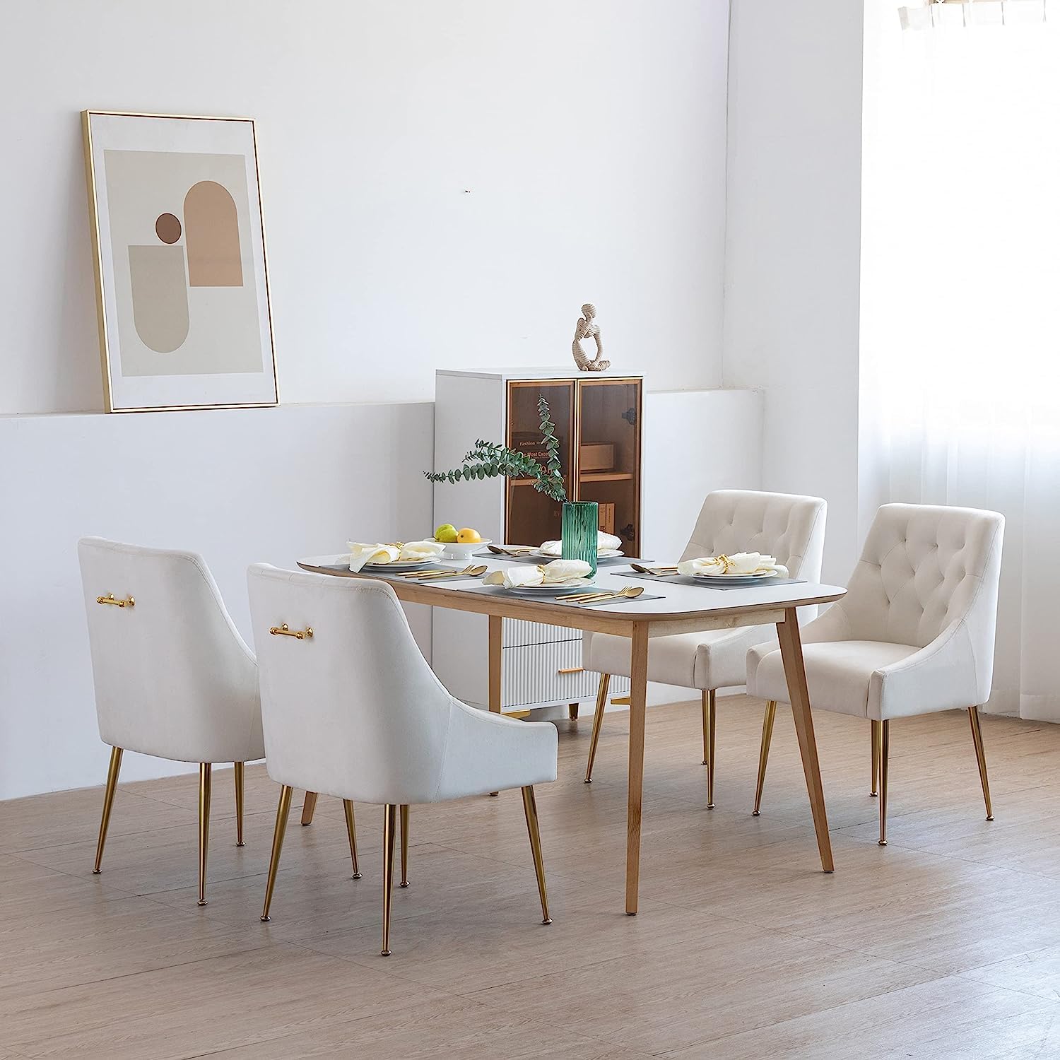 Esszimmerstühle 2er Set, Samt Esszimmerstühle, Modern Küchenstuhl mit Metallbeinen, 13 cm Gepolsterter, für Küche Esszimmer, Wohnzimmer, Schlafzimmer (Beige)